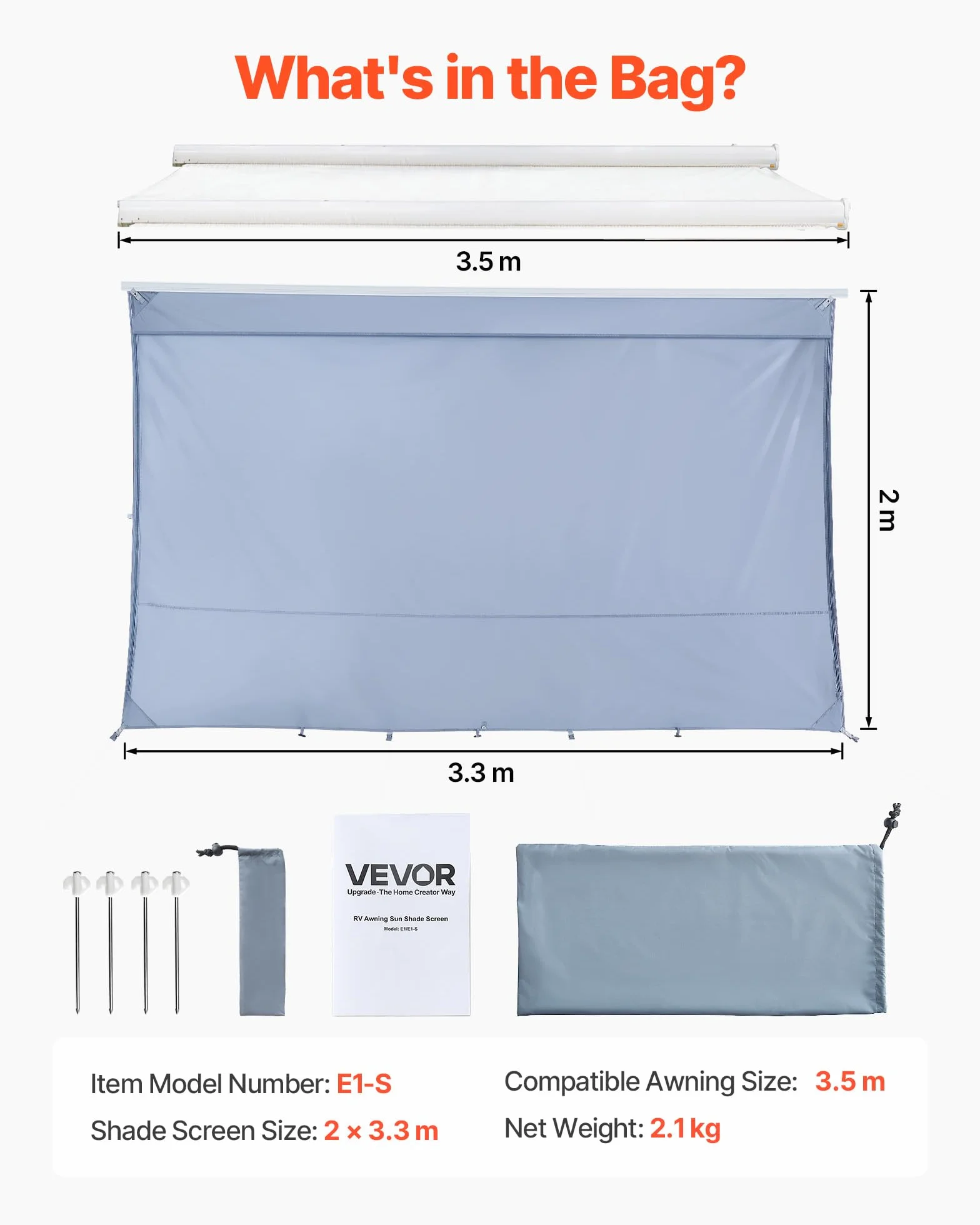 VEVOR Pannello Frontale Tenda da Sole UV50+ 2 x 3,3 m Poliestere Frangisole Campeggio