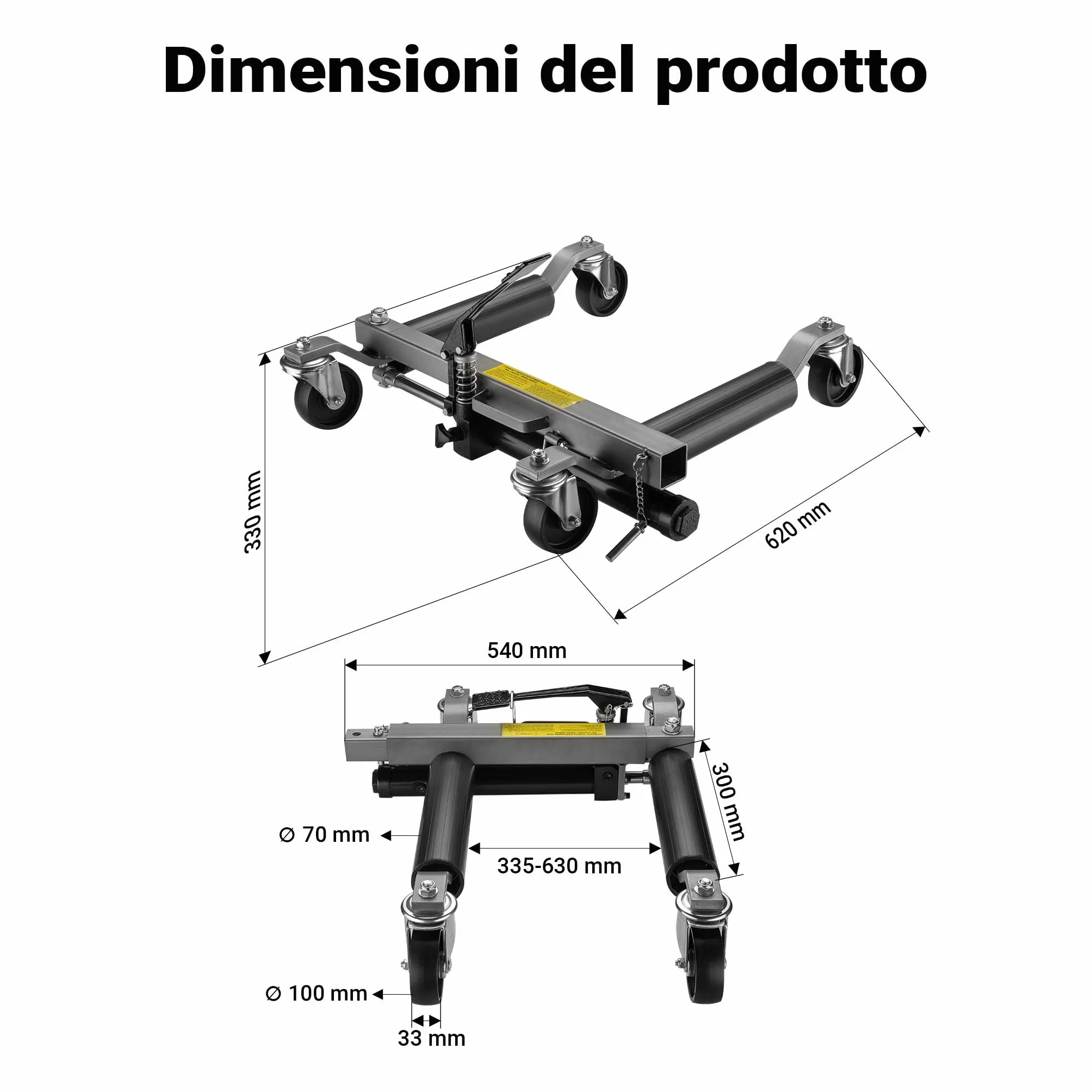 Carrelli sposta auto con cric idraulico 2x 680kg Per pneumatici larghi max 30cm Nero