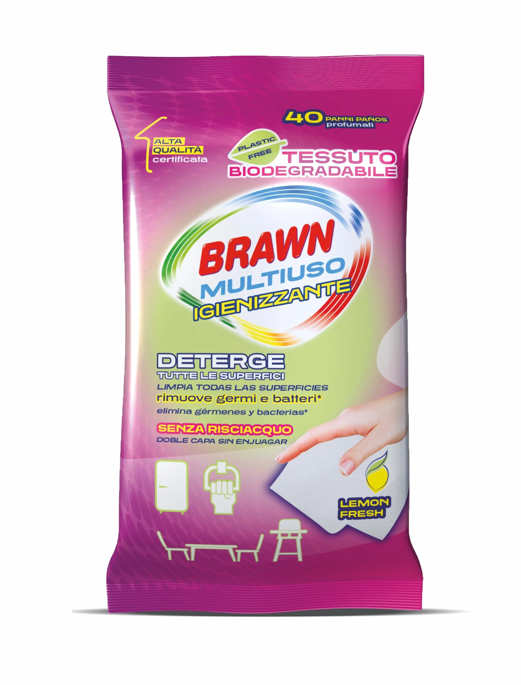 Brawn Multiuso Igienizzante 40 Panni, Detergono Tutte le Superfici, Profumo Lemon, Tessuto Biodegradabile
