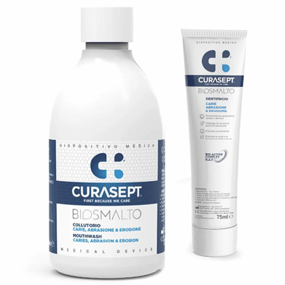 Curasept Kit Biosmalto Protezione Carie Dentifricio 75ml Collutorio 300ml Remineralizzazione Smalto