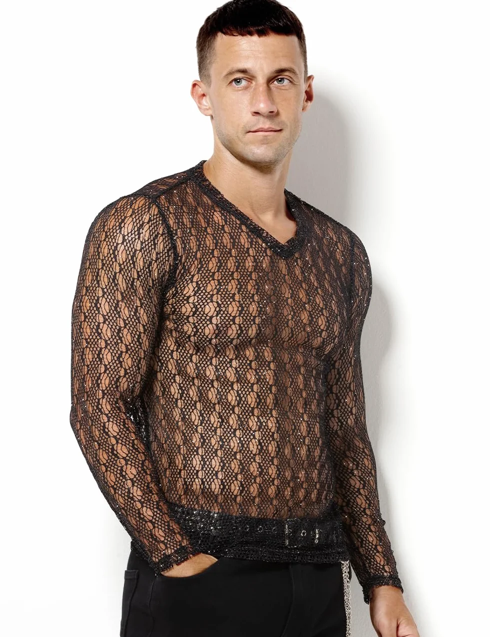 Casey Kevin Maglia Rete Uomo Paillettes Clubwear Party T-Shirt Intimo Sexy Mesh Lunga