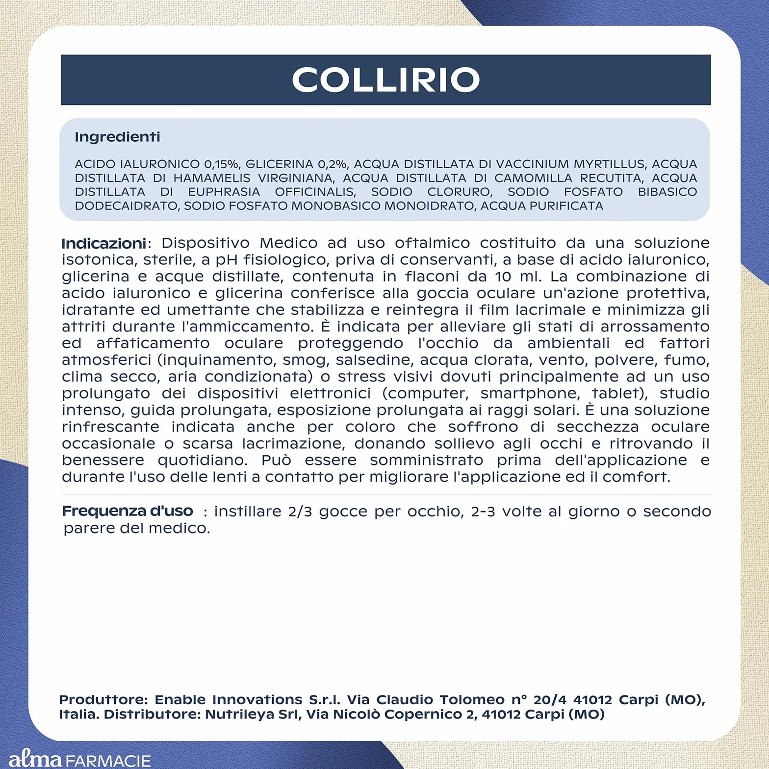 Collirio Alma Farmacie con Acido Ialuronico e Glicerina, Camomilla, Amamelide, Euphrasia, Mirtillo, Flacone 10 ml