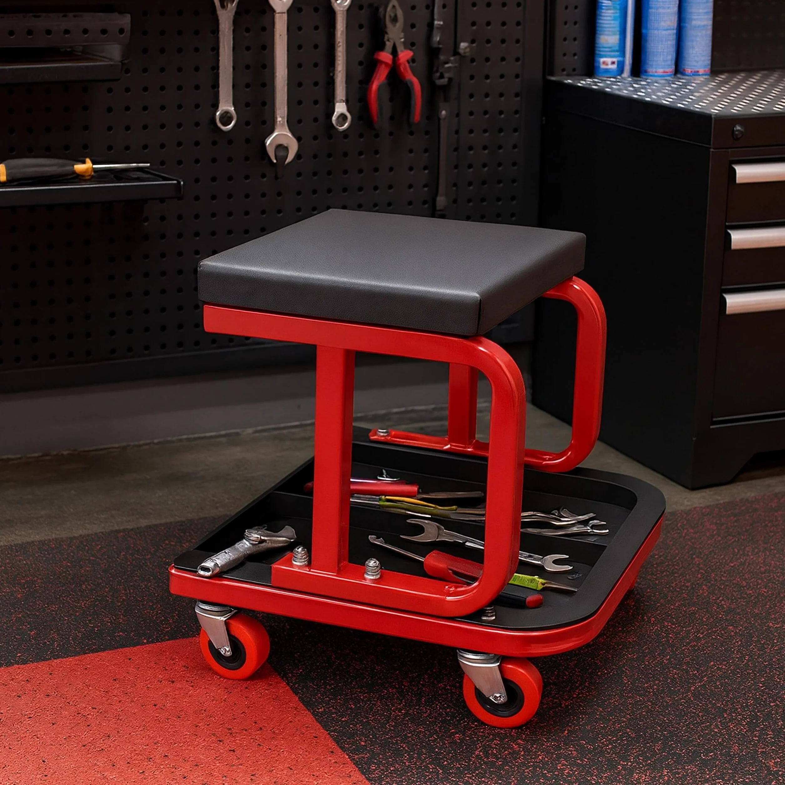 Sgabello da Officina Relaxdays 100 kg 4 Ruote Nero-Rosso
