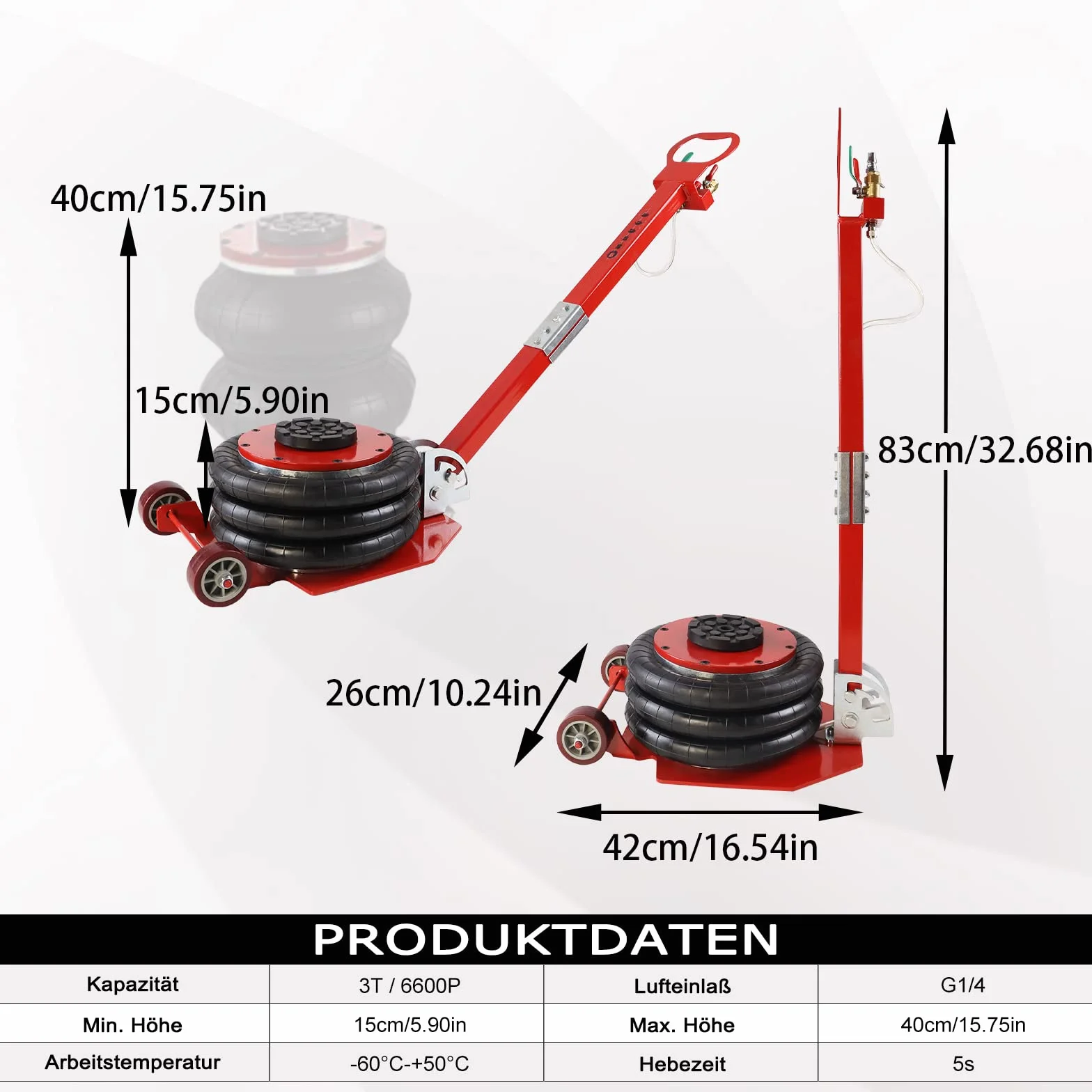 Froadp Martinetto Pneumatico per Auto Cric Pneumatica 3T 6600 Libbre Sollevatore con Impugnatura Regolabile Cuscino D'aria Cavalletto Rosso