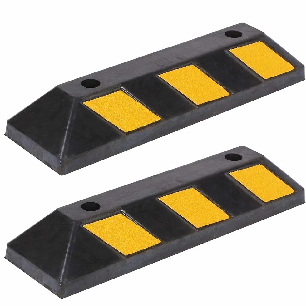 Fermaruota in Gomma Dura Ebanite Set 2 55 x 15 x 10 cm per Parcheggio Garage con Strisce Catarifrangenti
