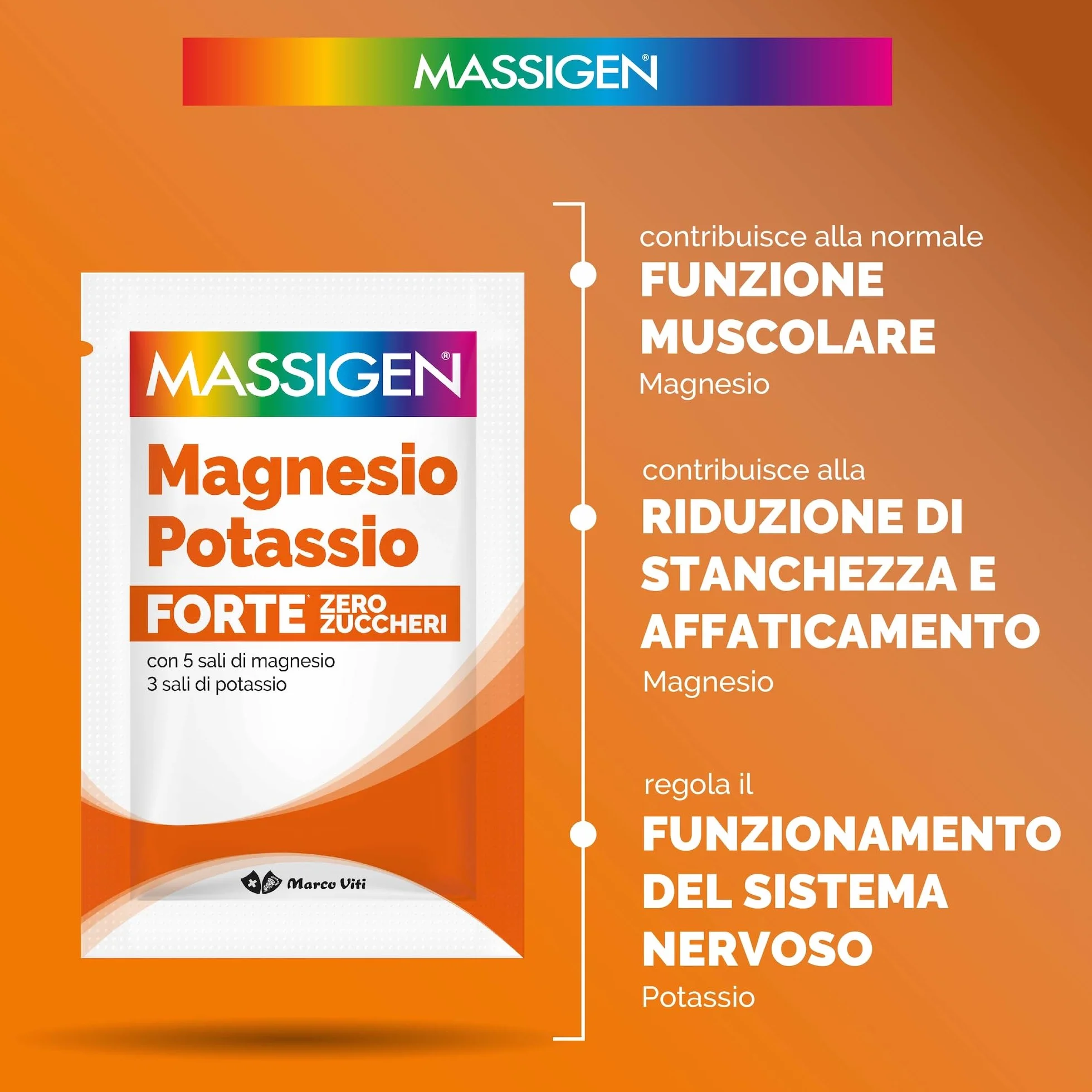 Massigen Magnesio e Potassio Forte Zero Zuccheri Gusto Arancia Rossa Integratore 24 Bustine