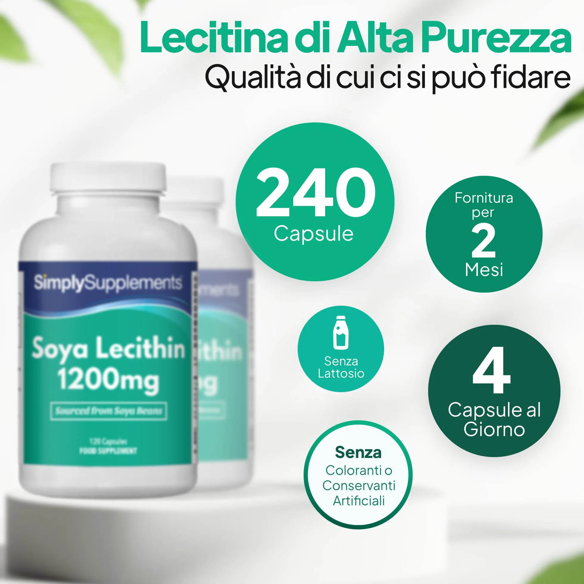 Lecitina di Soia 1200mg 240 Capsule Alta Purezza Fosfolipidi Essenziali
