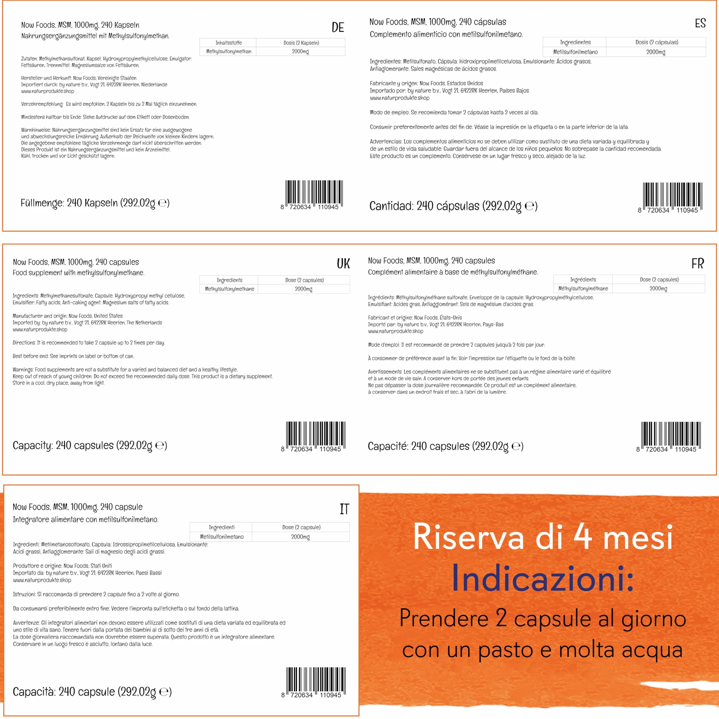 Now Foods MSM 1.000 mg 240 Capsule vegane Testato in Laboratorio Zolfo