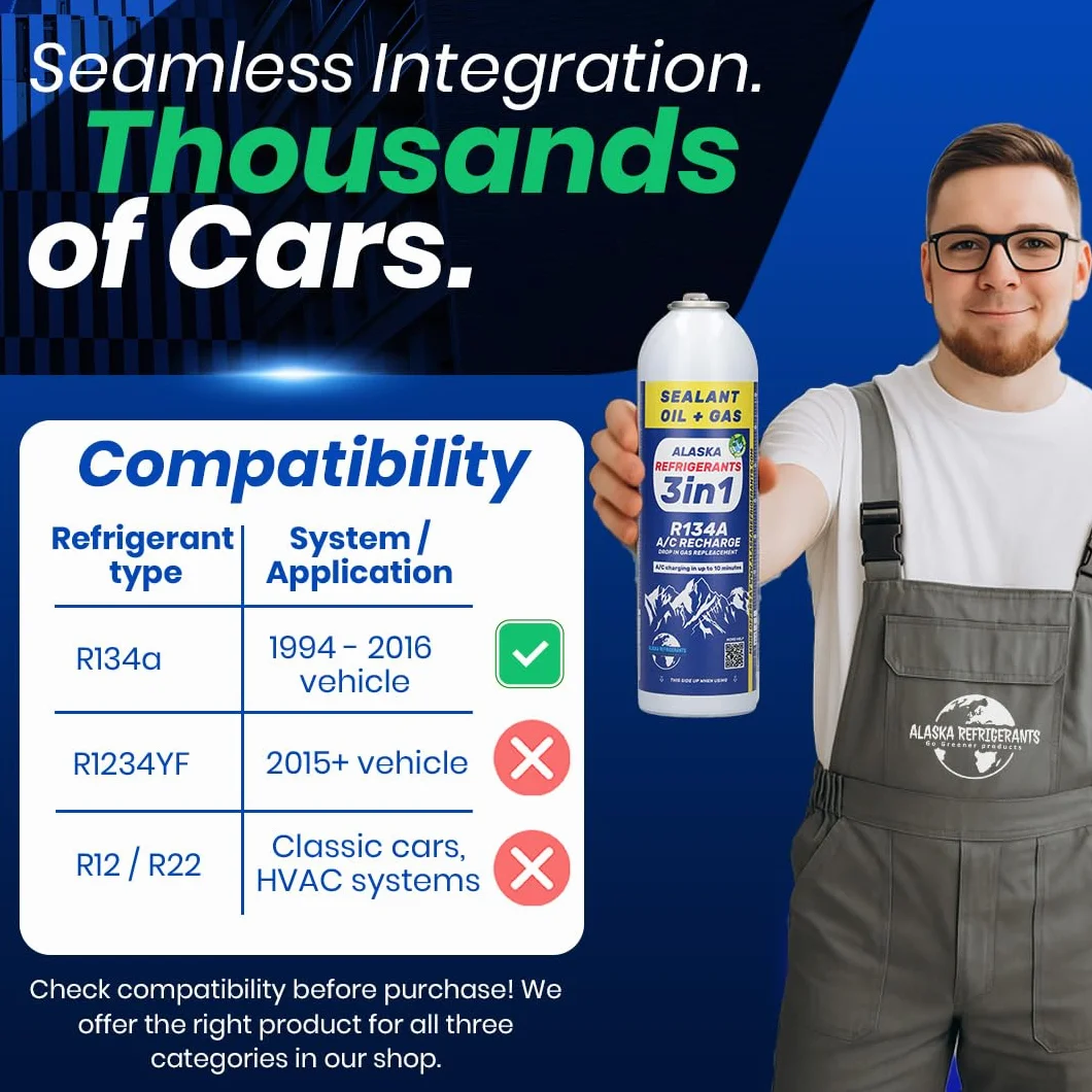 Alaska Refrigerants R134a Refrigerante di ricambio con olio PAG 100 e sigillante