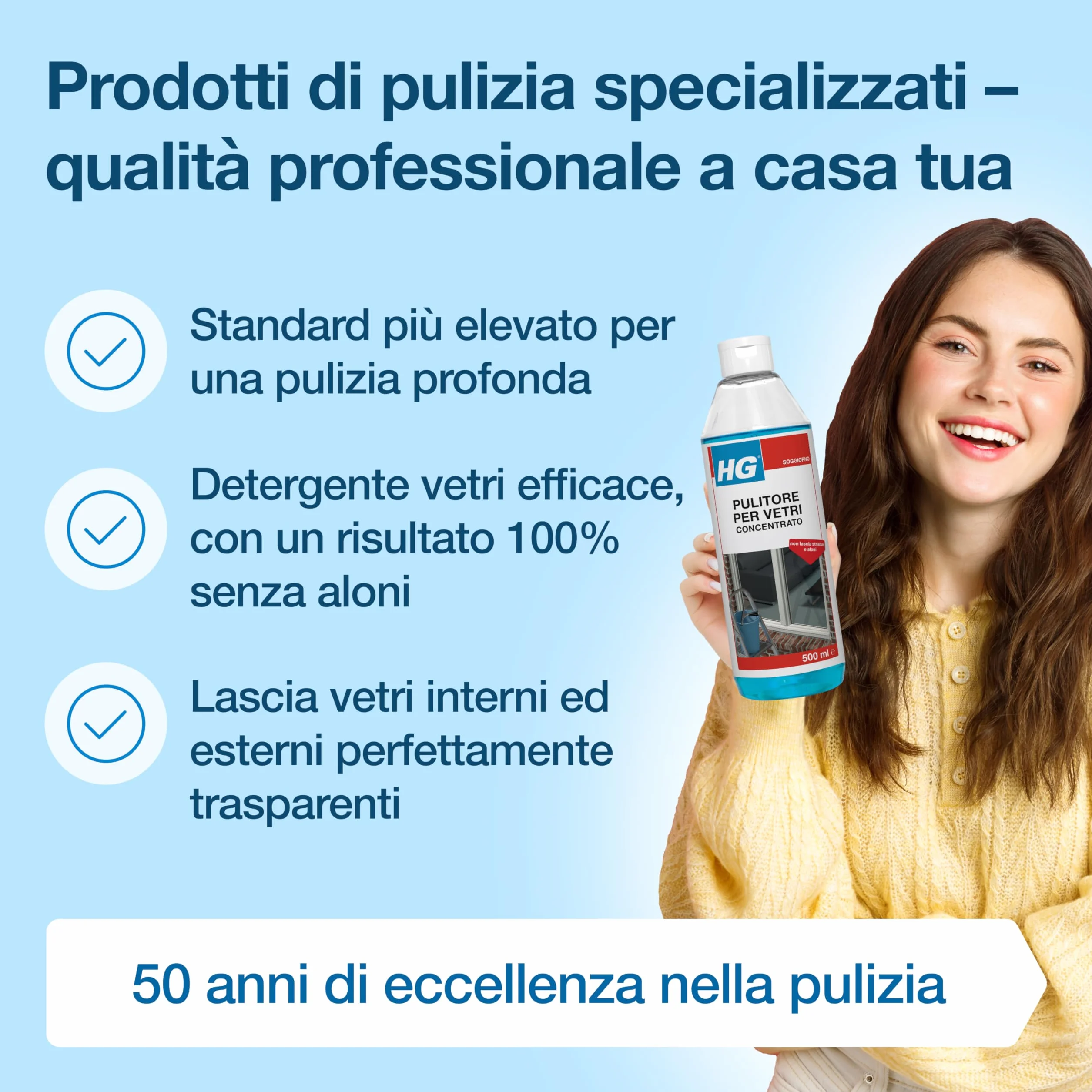 HG Detergente per Vetri Concentrato 500ml Lucentezza Senza Aloni