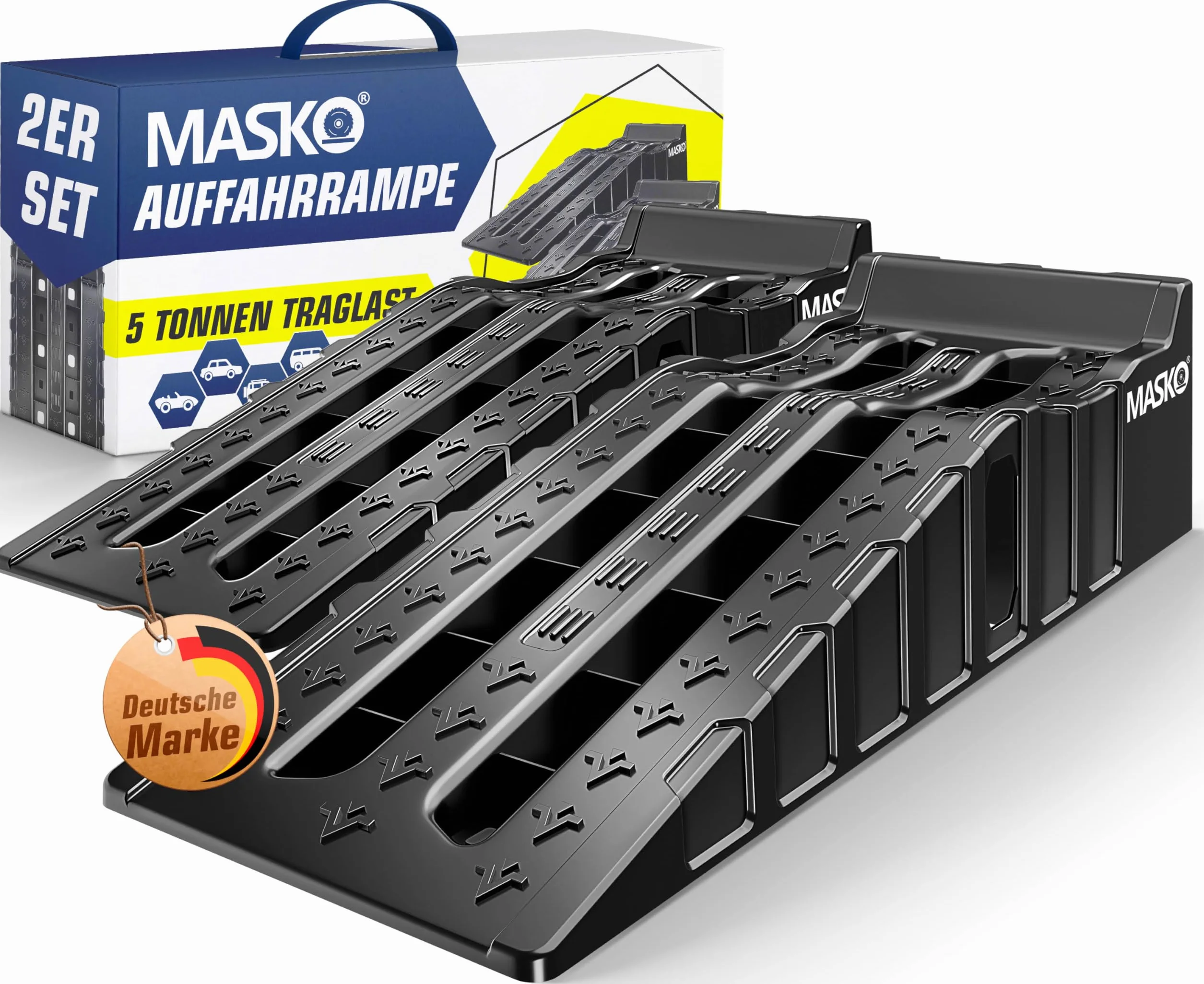 MASKO® Set di 2 Rampe di Carico fino a 5 Tonnellate di Capacità di Caric, Rampa Auto con Protezione Anti-Tip, Antisdrucciolo, Stabile, Ramp Extra Larga
