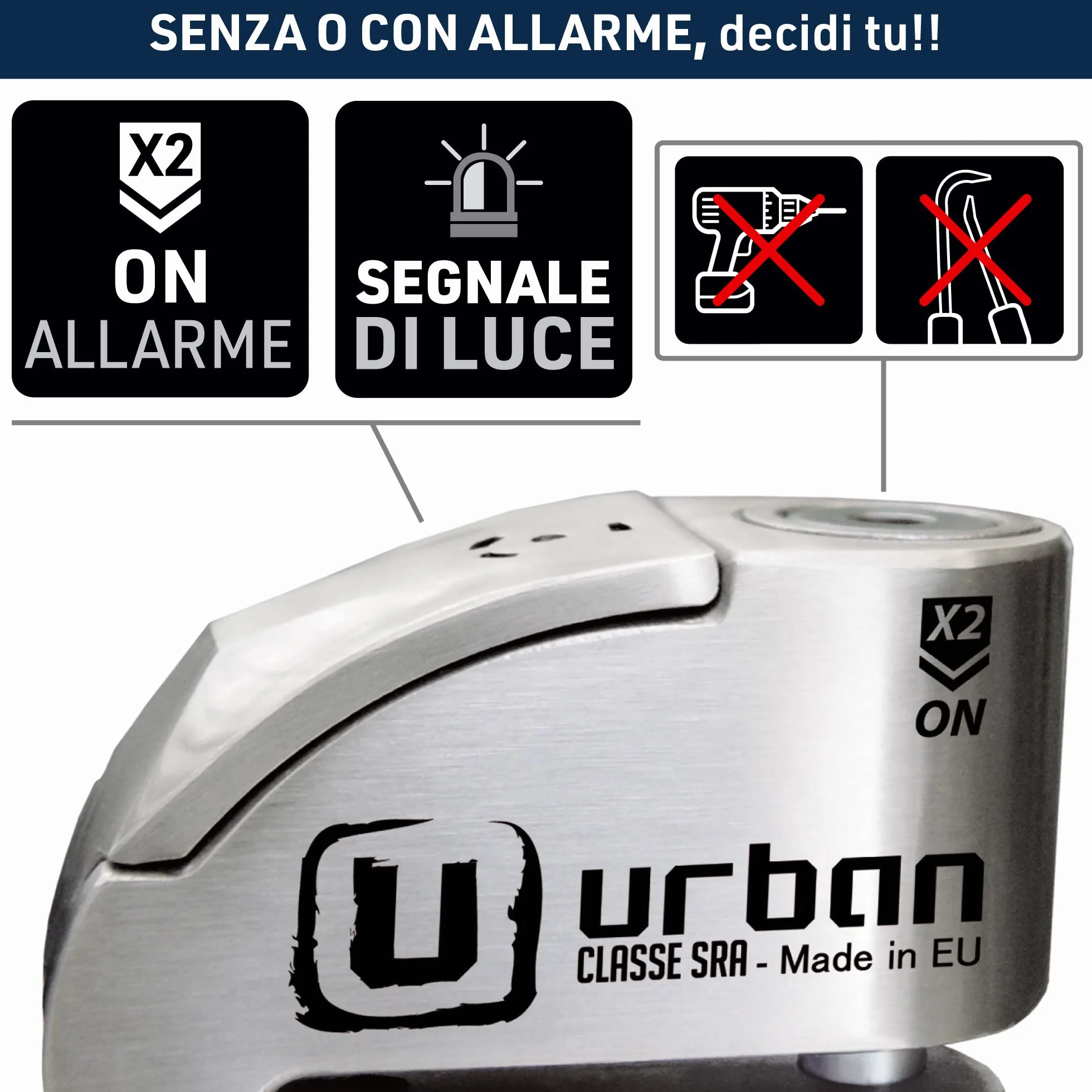 URBAN UR14S Blocca Disco per Moto Senza/Con Allarme Hi-Tech 120dB, Antifurto Moto Omologato SRA Massima Sicurezza, Warning Sensibilità A+, Acciaio Inox, Lucchetto Bloccadisco Doppio Bloccaggio 14mm