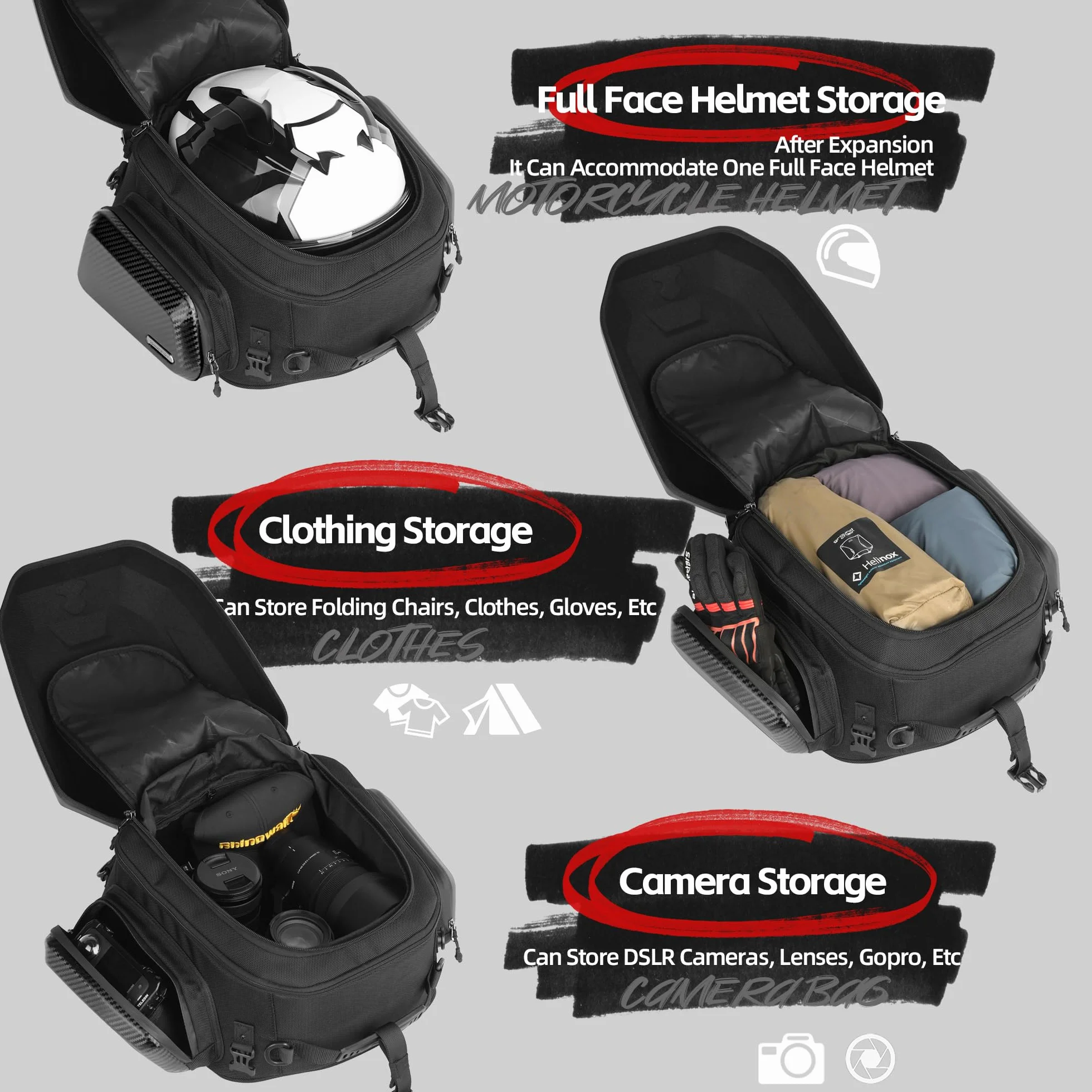 Rhinowalk - Borsa da moto per sella posteriore, borsa da viaggio espandibile per casco da moto, 23L-35L, impermeabile per ogni tempo/bagagliaio/portapacchi con cinghie per sissy bar - Nero opaco
