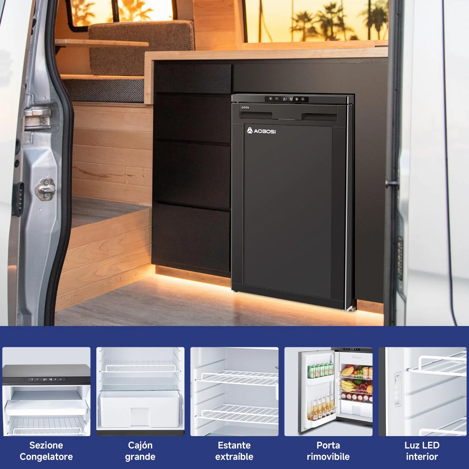 AAOBOSI Frigo Portatile 83L 12/24V DC -20°C a 20°C con APP e Luci LED per Campeggio Caravan Auto Camper