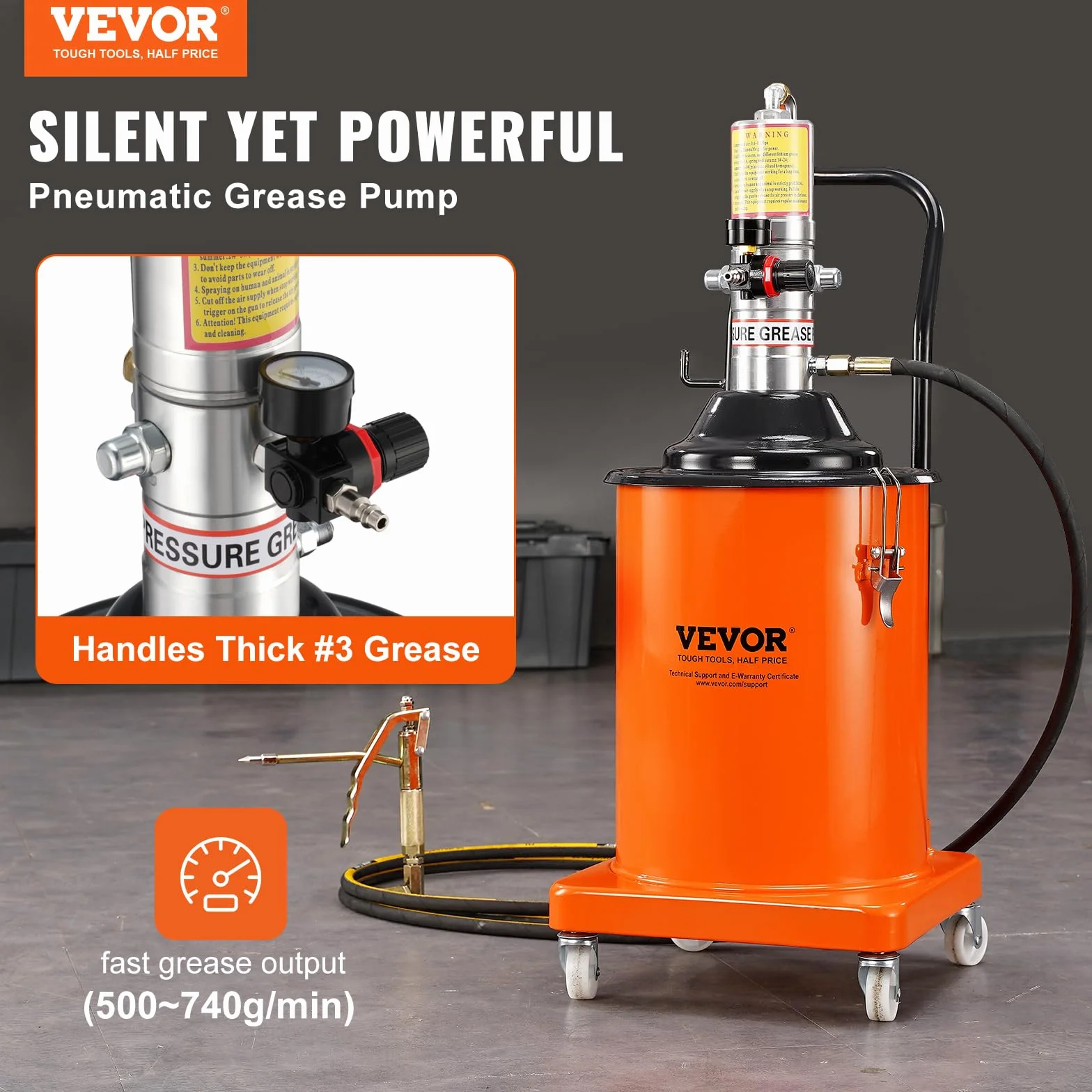 VEVOR Pompa per Grasso Pneumatica Rapporto di Pressione 50:1 Pompa per Secchio Grasso Pneumatica 20 Litri Pistola per Grasso Pompa Grasso Portatile Ruote Tubo da 4m Ugello a 360° Raccordo NPT Standard
