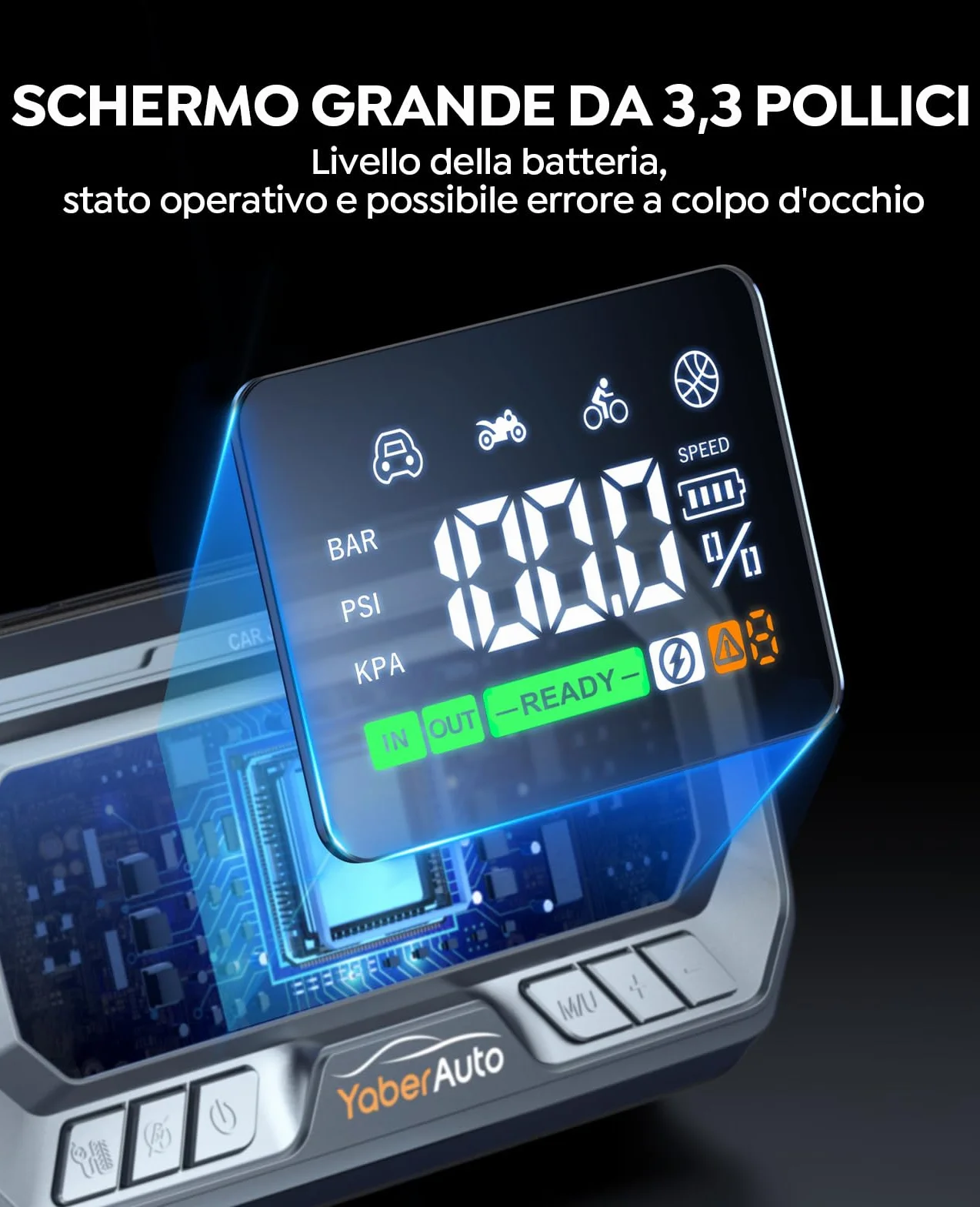 YaberAuto Avviatore Batteria Auto 8000A 26800mAh con Compressore 160PSI Uscita DC 160W, PD65W Booster Avviamento,Avviatore Emergenza per Auto (Tutto Gas/12.0L Diesel), 600 Lumens