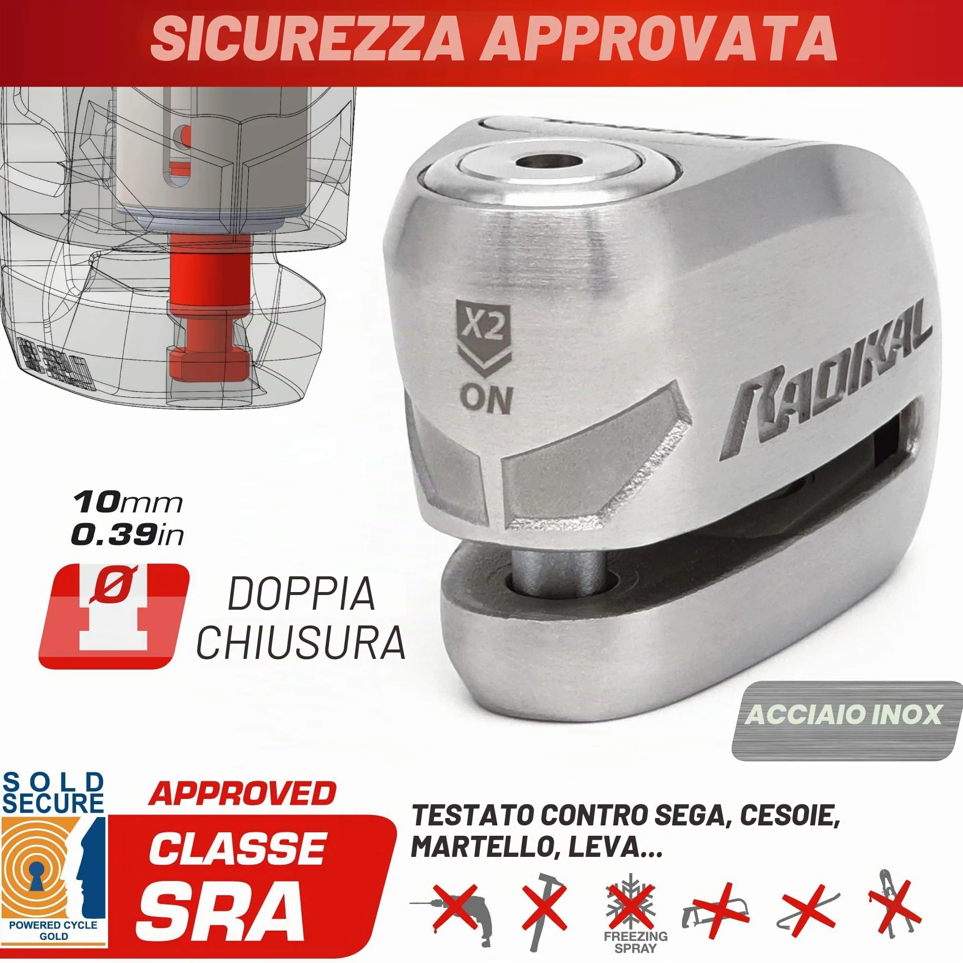 RADIKAL RK910S Bloccadisco Moto con Allarme 120dB ON/OFF, Omologato SRA et Sold Secure, Serratura Alta Sicurezza a Doppia Chiusura 10mm, Batteria Lunga Durata, Acciaio Inox, Antifurto Lucchetto Moto