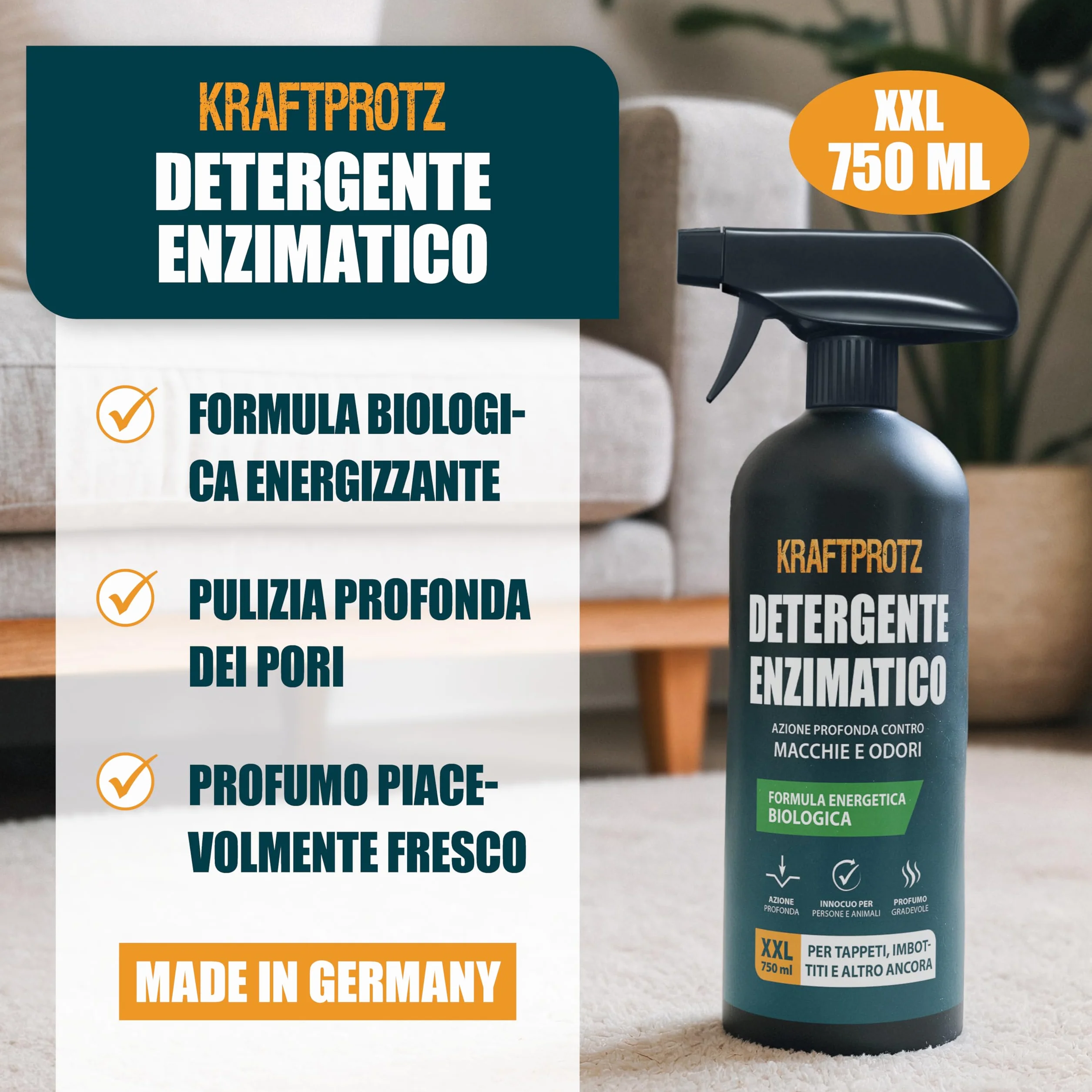 KRAFTPROTZ Detergente enzimatico 750 ml rimuove macchie odori urina sudore tappeti tessuti materassi