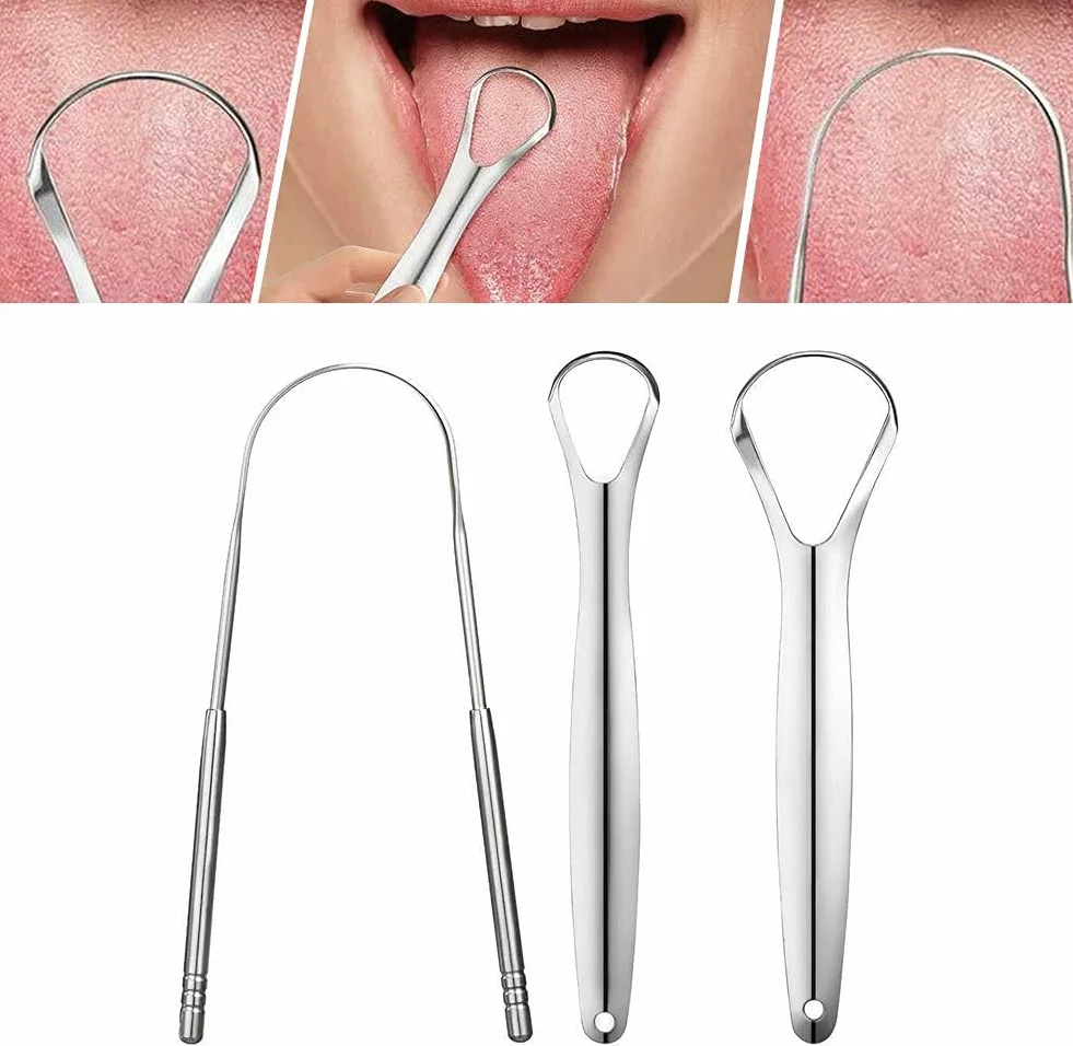 Raschietto per lingua in acciaio inox 3 pezzi kit pulizia orale