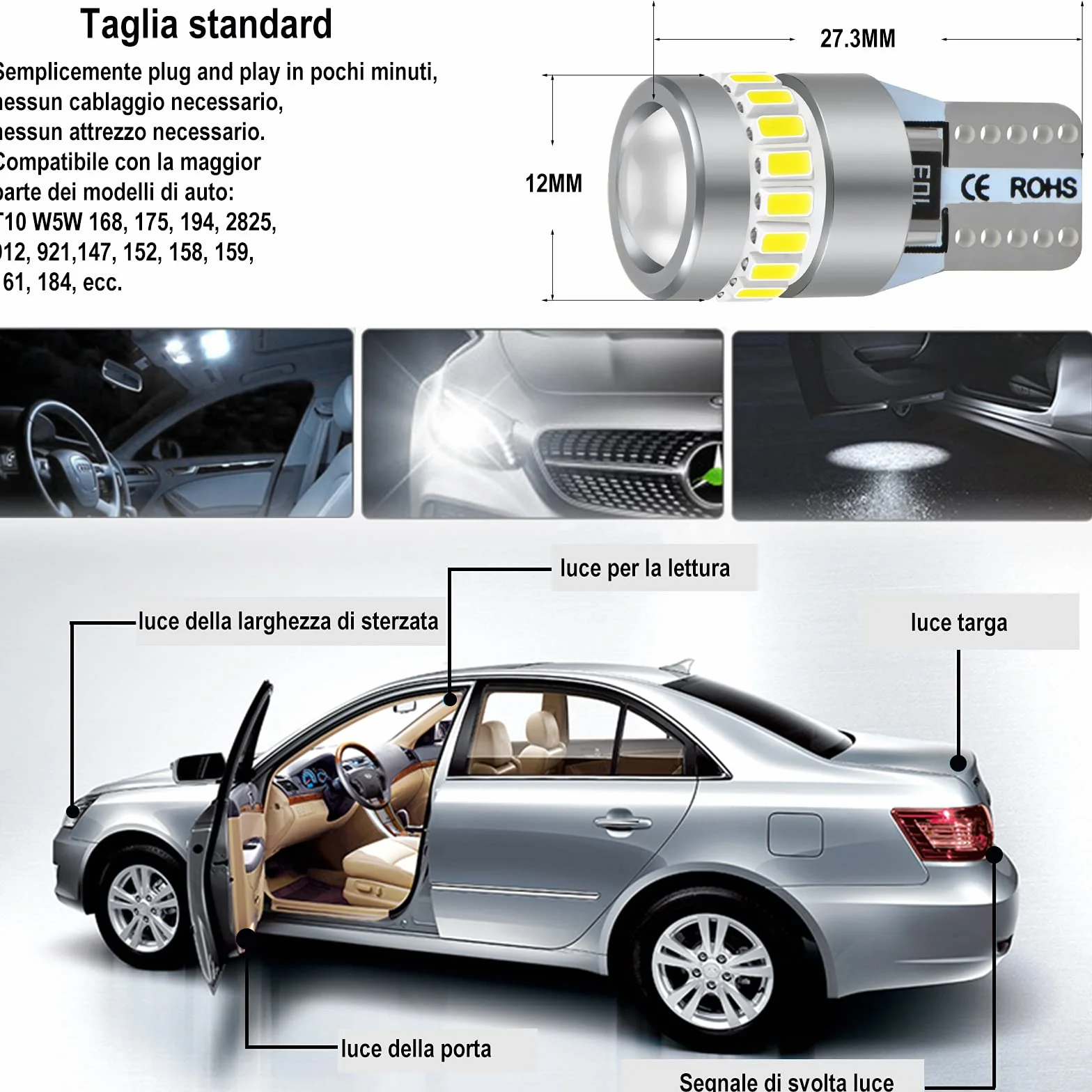 XELORD T10 W5W LED Lampadina 6000K Bianco Cuneo 12V Auto Targa 2 Pezzi