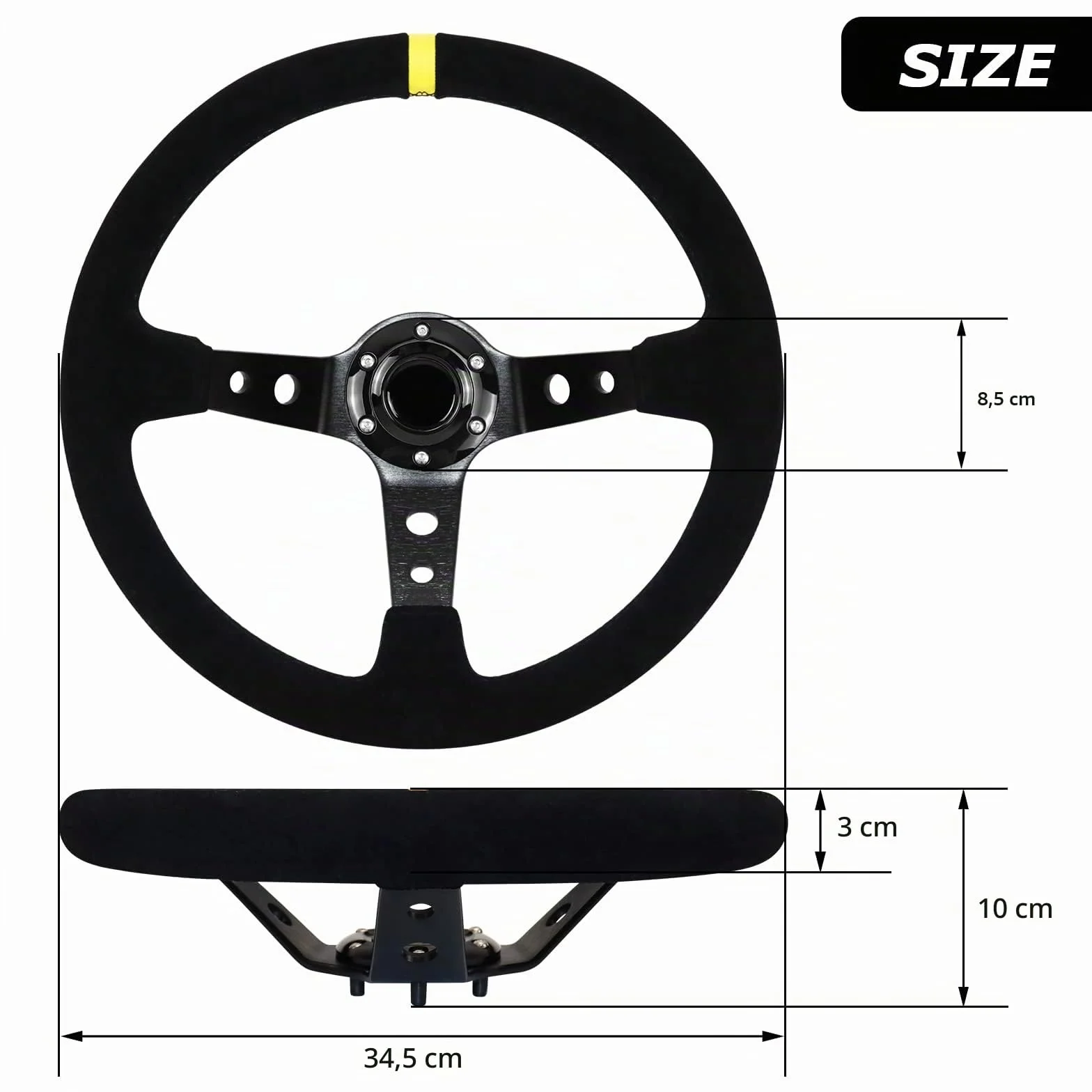 Volante da corsa universale 13,6" impugnatura pelle scamosciata Deep Dish con pulsante clacson nero