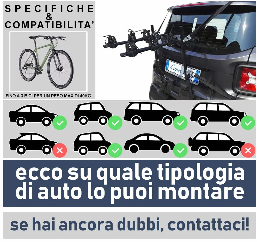 Portabici Universale Posteriore Auto Lupex PBAAL_B Fino a 3 Bici 40 kg Acciaio Zincato
