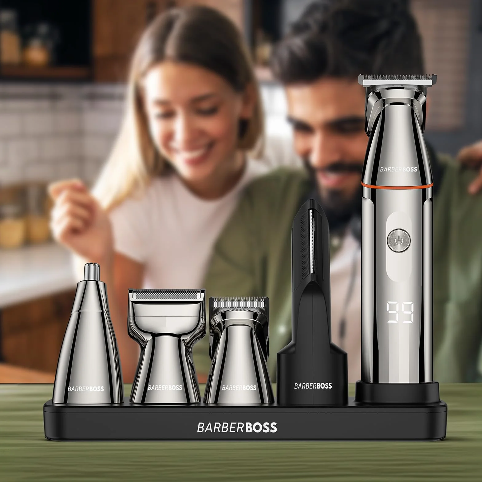 BarberBoss Kit rasoio 5 in 1 uomo tagliacapelli rasoio naso ricarica USB-C lame acciaio inox body groomer