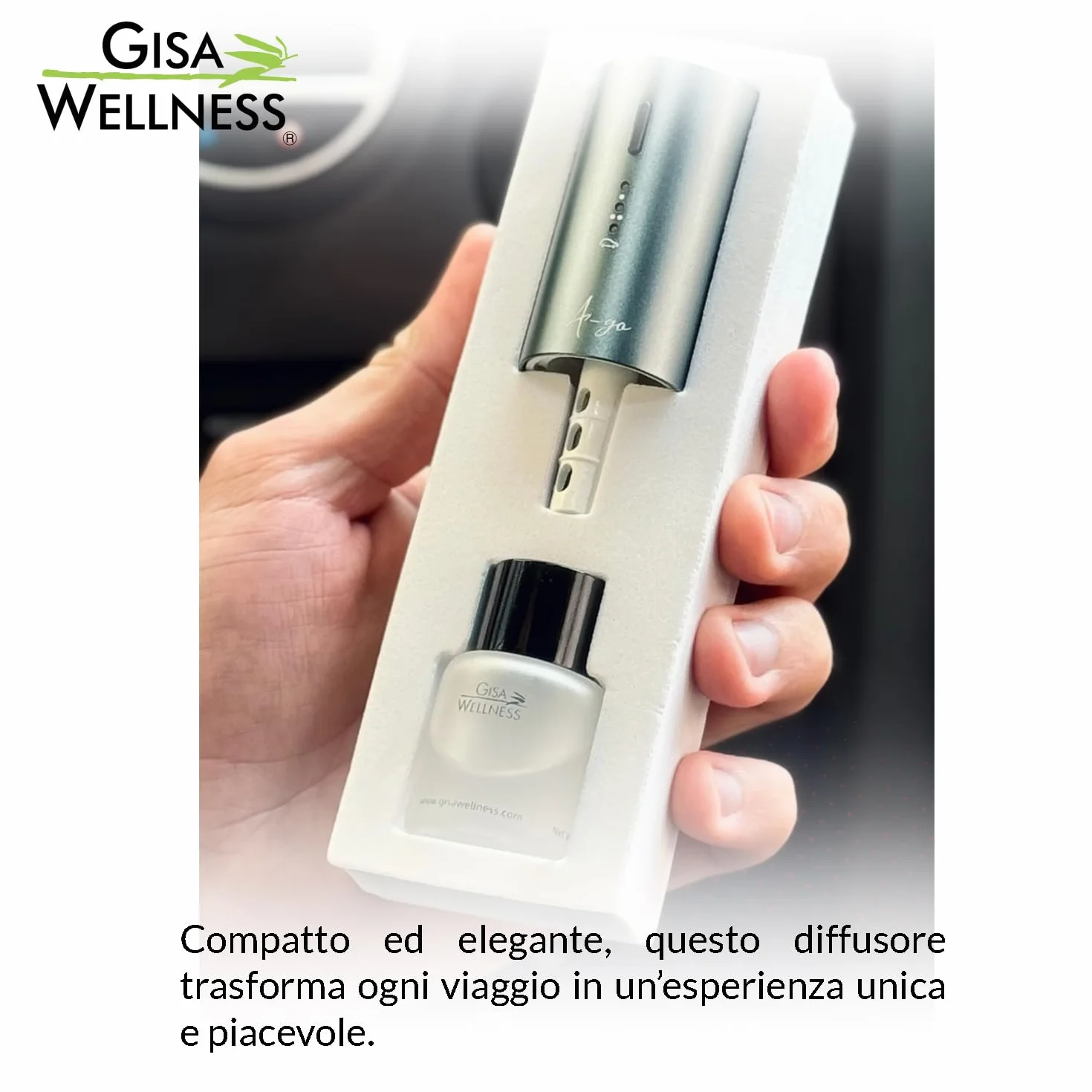 Gisa Wellness A-GO ELEGANCE Diffusore per Auto 12 ml con Batteria Ricaricabile Fragranza Agrumata Oli Essenziali Tecnologia Vibration System