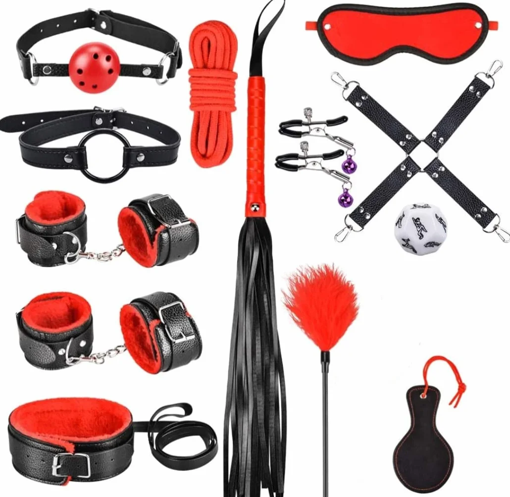 Qoosea 13 Pezzi Set Bondage Sex Toys SM Sex Restraint in Pelle con Manette Caviglia Morsetti Rosso Nero