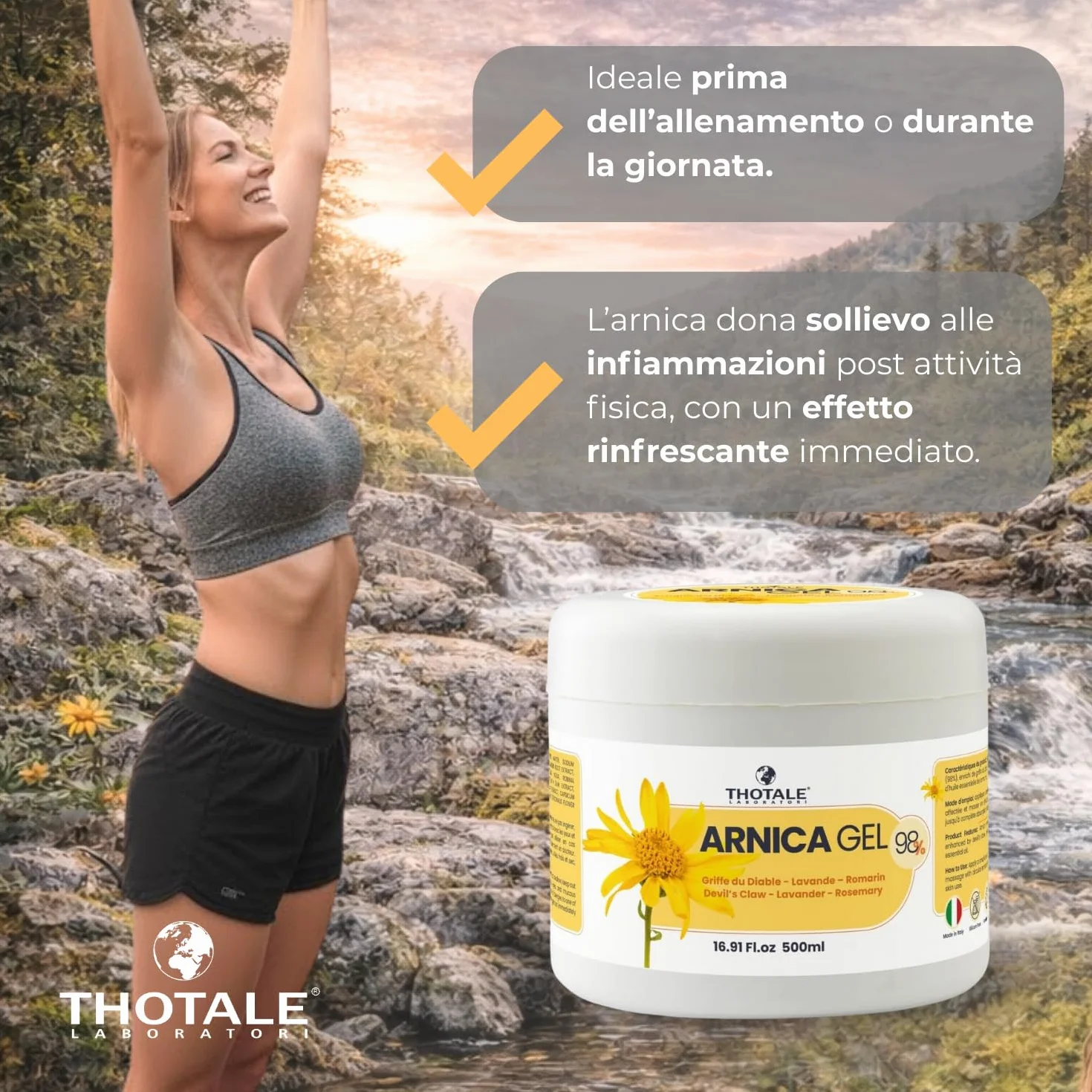 Arnica Gel Extra Forte 98% per Cavalli Uso Umano e Artiglio del Diavolo 500 ml, Crema Massaggi Muscoli Articolazioni Effetto Freddo, Made in Italy