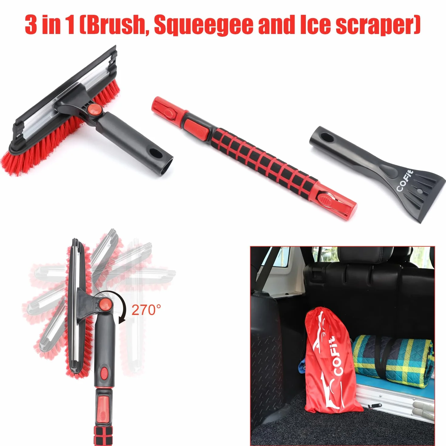 COFIT Raschietto e Spazzola Neve 3 in 1 100cm Gratta Ghiaccio Auto Manico Lungo Estensibile Rosso