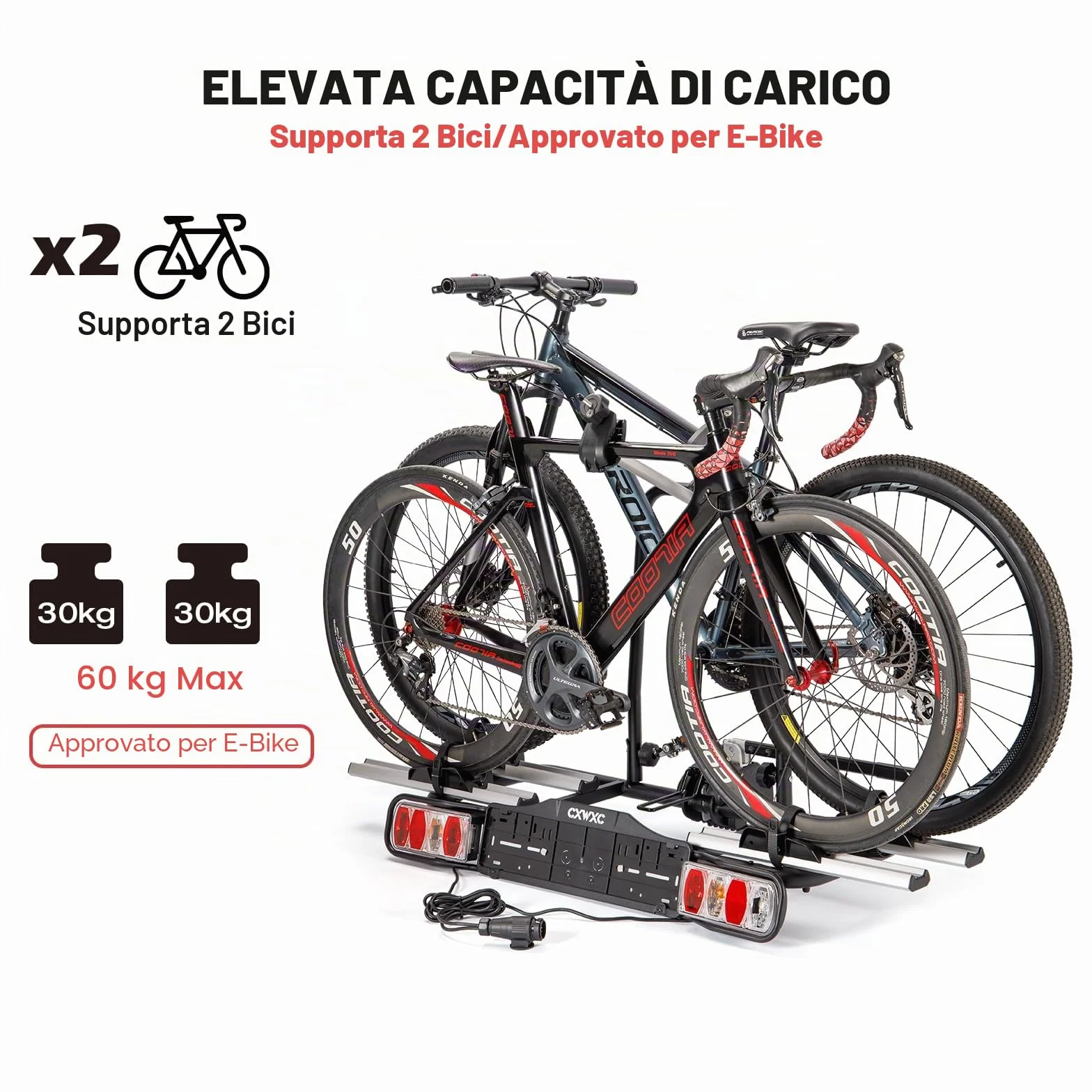 Portabici da traino per auto 2 biciclette elettriche, fusibile sgancio rapido, illuminazione 13/7 pin universale