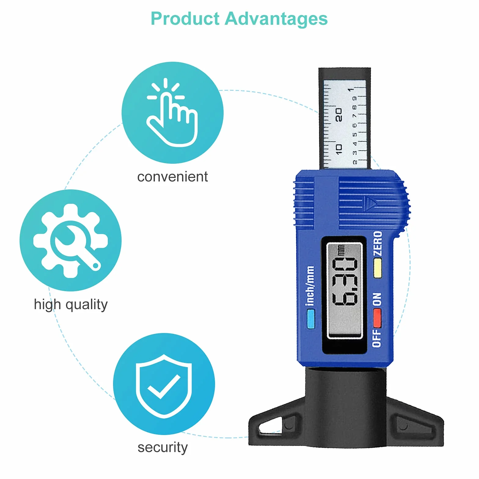 RUIZHI Digitale Misuratore di Profondità Battistrada 0-25,4mm LCD Display per Bicicletta, Auto, Camion, Moto (blu)