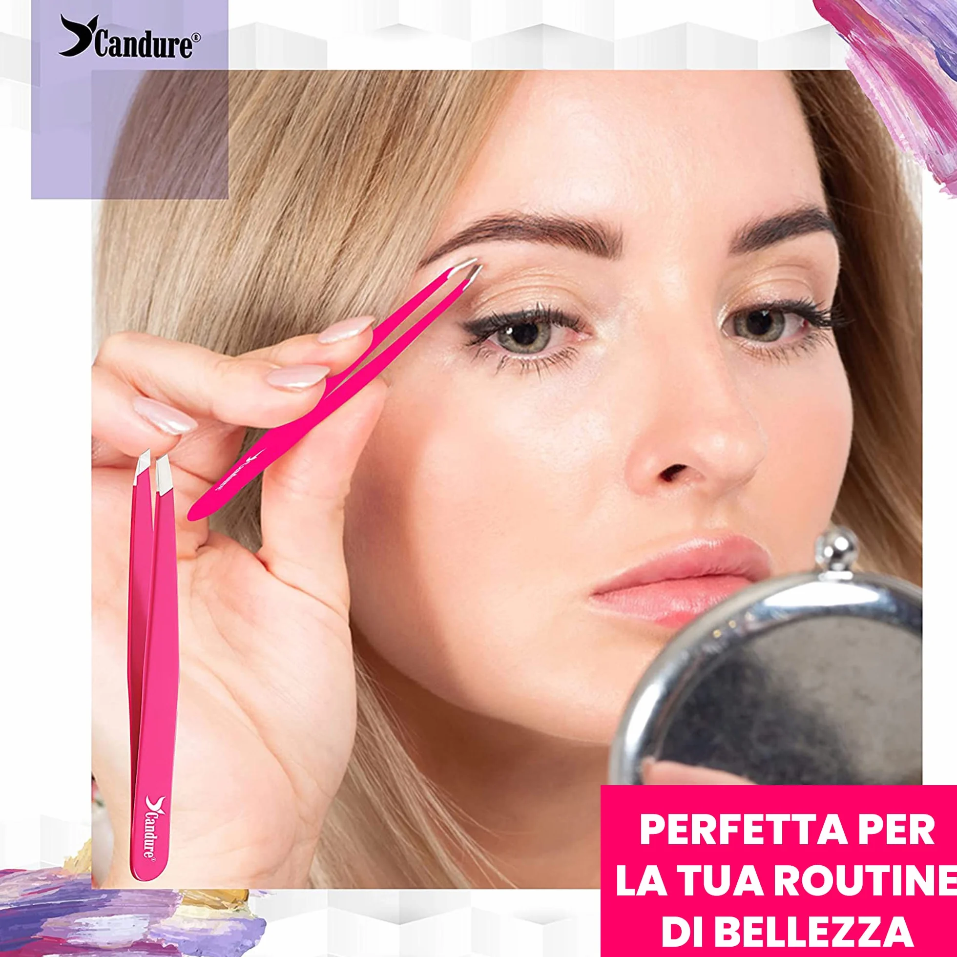 Candure Pinzette Sopracciglia Acciaio Inox Precisione Punta Obliqua Antiscivolo 1 Pezzo Rosa