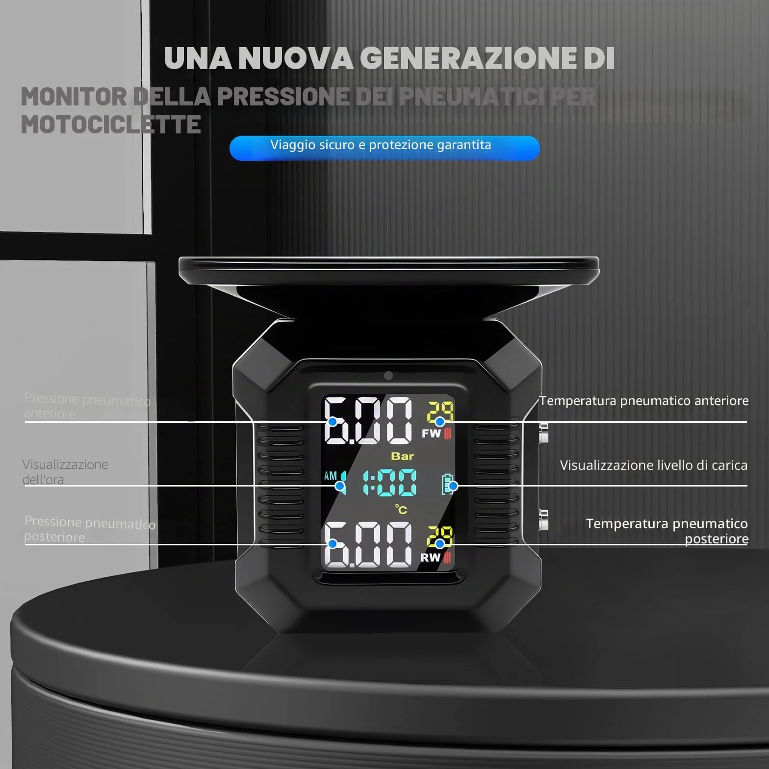 KAOLALI TPMS Moto Wireless Ricarica Solare USB Display LCD 2 Sensori Esterni Impermeabili