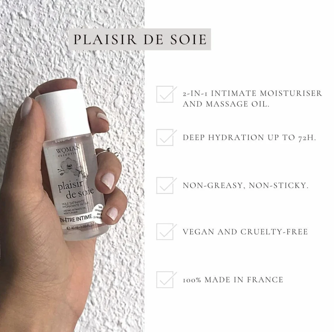 WOMAN ESSENTIALS PLAISIR DE SOIE 40ML Olio satinata lubrificante idratazione profonda ultra-scorrevolezza compatibile con preservativi clinicamente testato