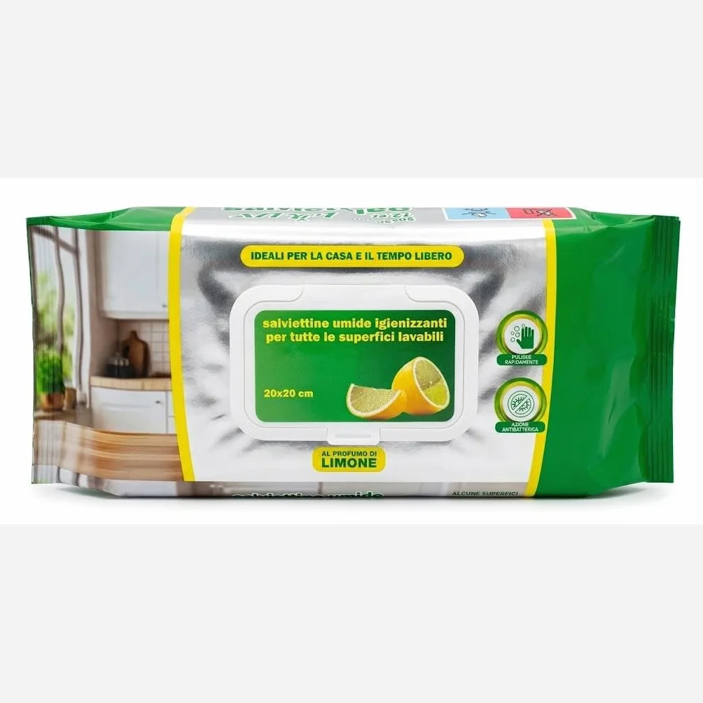 Salviette Umide Igienizzanti al Profumo di Limone 20x20 cm Antibatteriche per Superfici Lavabili