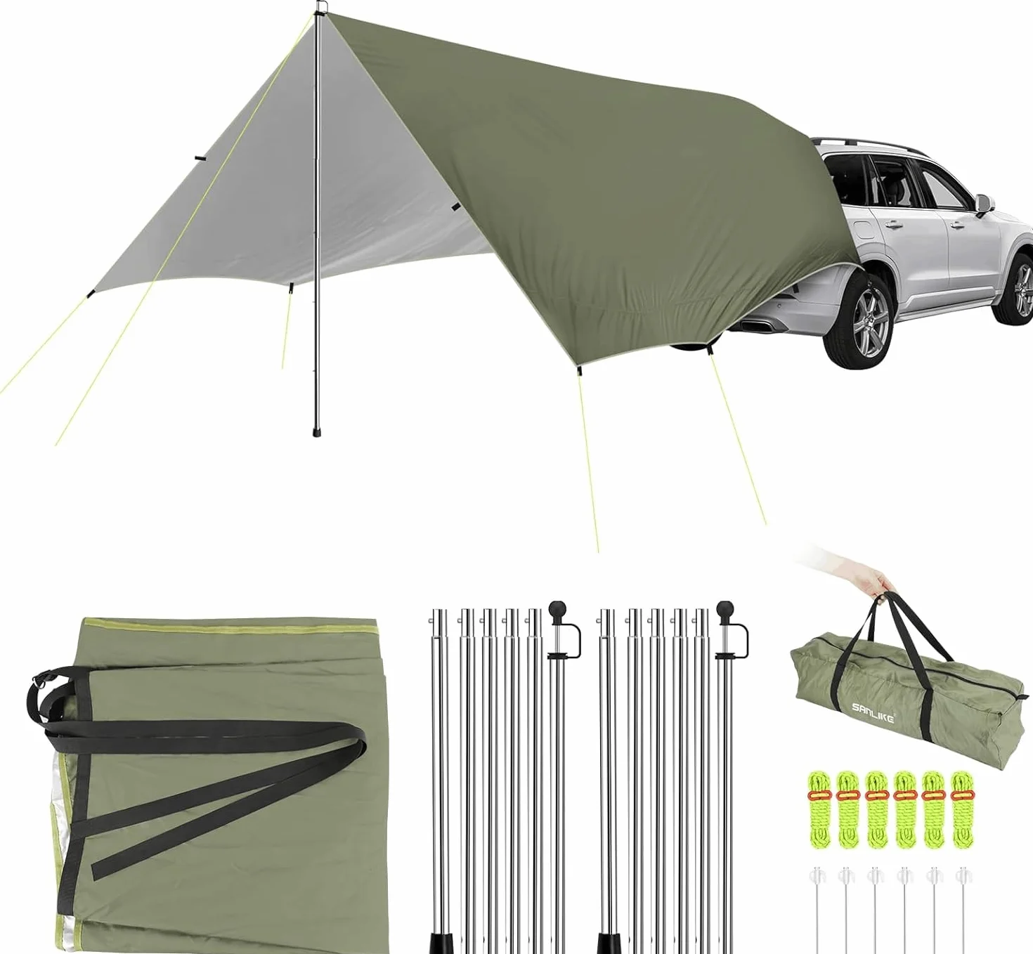 Tenda da Sole per Auto Impermeabile Antistrappo con Palo Regolabile per Camper Veranda