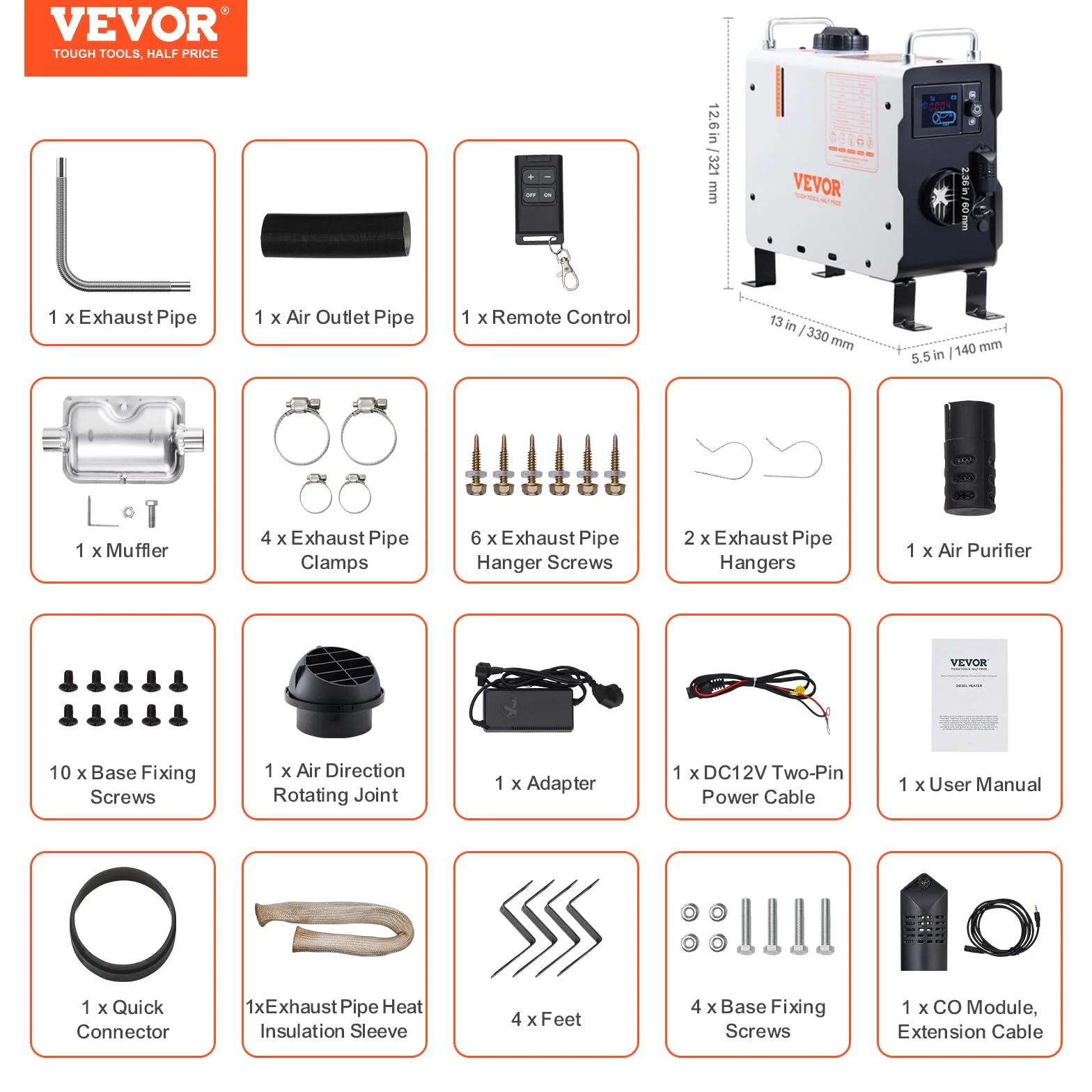 VEVOR Riscaldatore d'Aria Diesel 2 KW 12V/24V Bluetooth Controllo App Telecomando Schermo Allarme CO Portatile