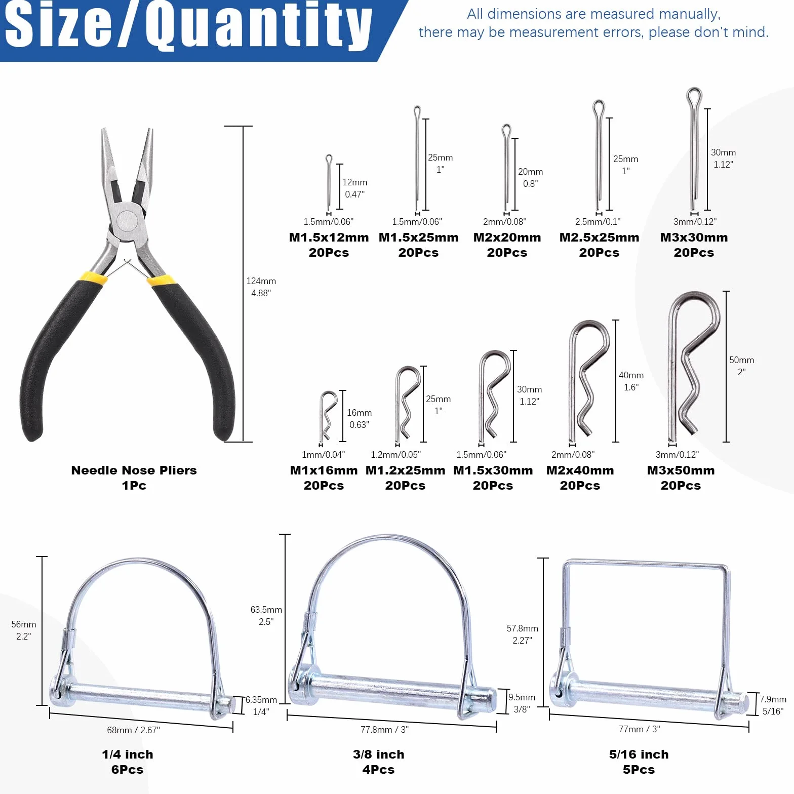 Glarks Set di 216 perni cardanici per albero di bloccaggio e coppette R clip, 1/4 ", 5/16", camion, tosaerba