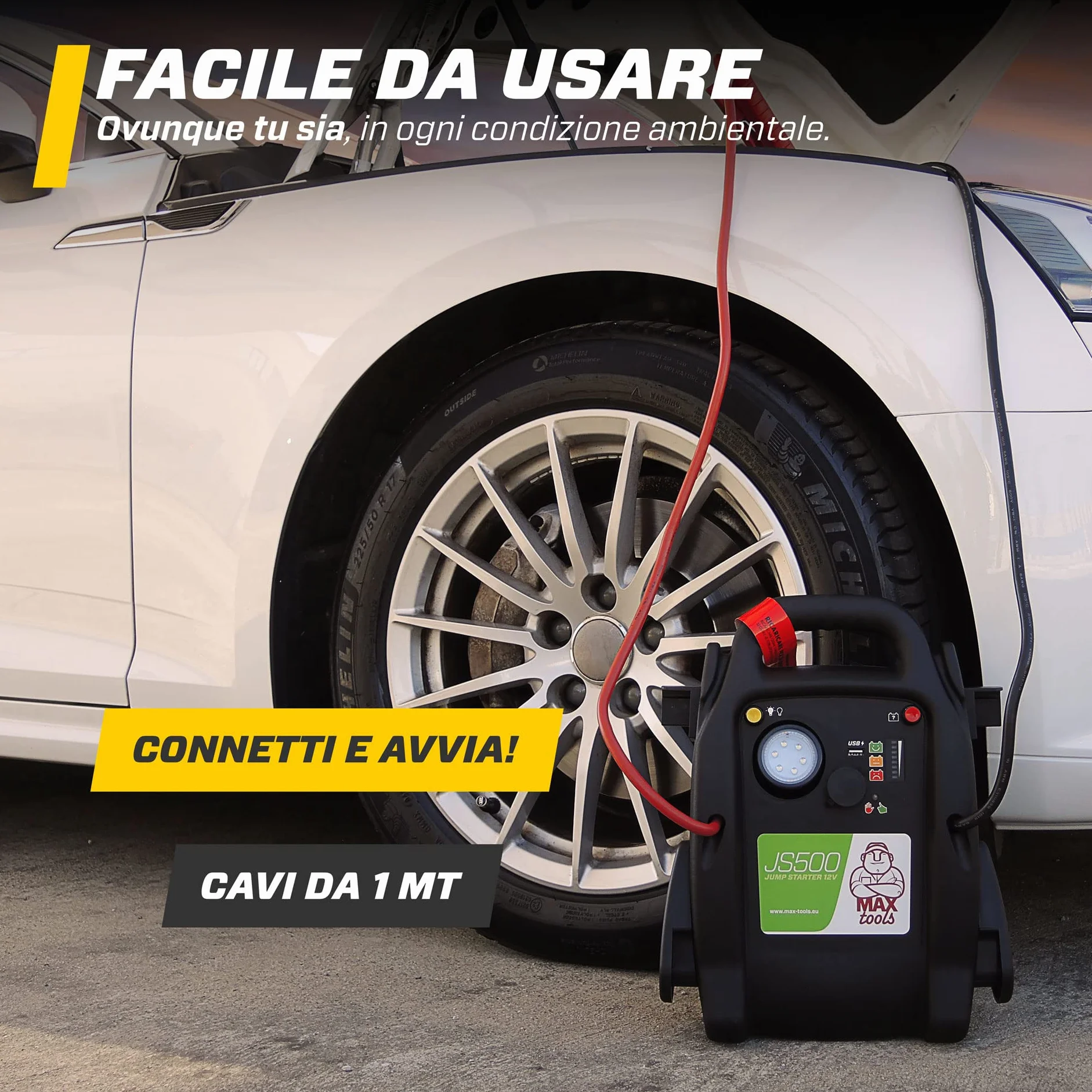 MAXTOOLS JS500 2200 A 22 Ah, Avviatore di Emergenza per Auto e Furgoni, Motori 12V Diesel e Benzina, Jump Starter, con Torcia LED, Porta USB e Cavi di Avviamento