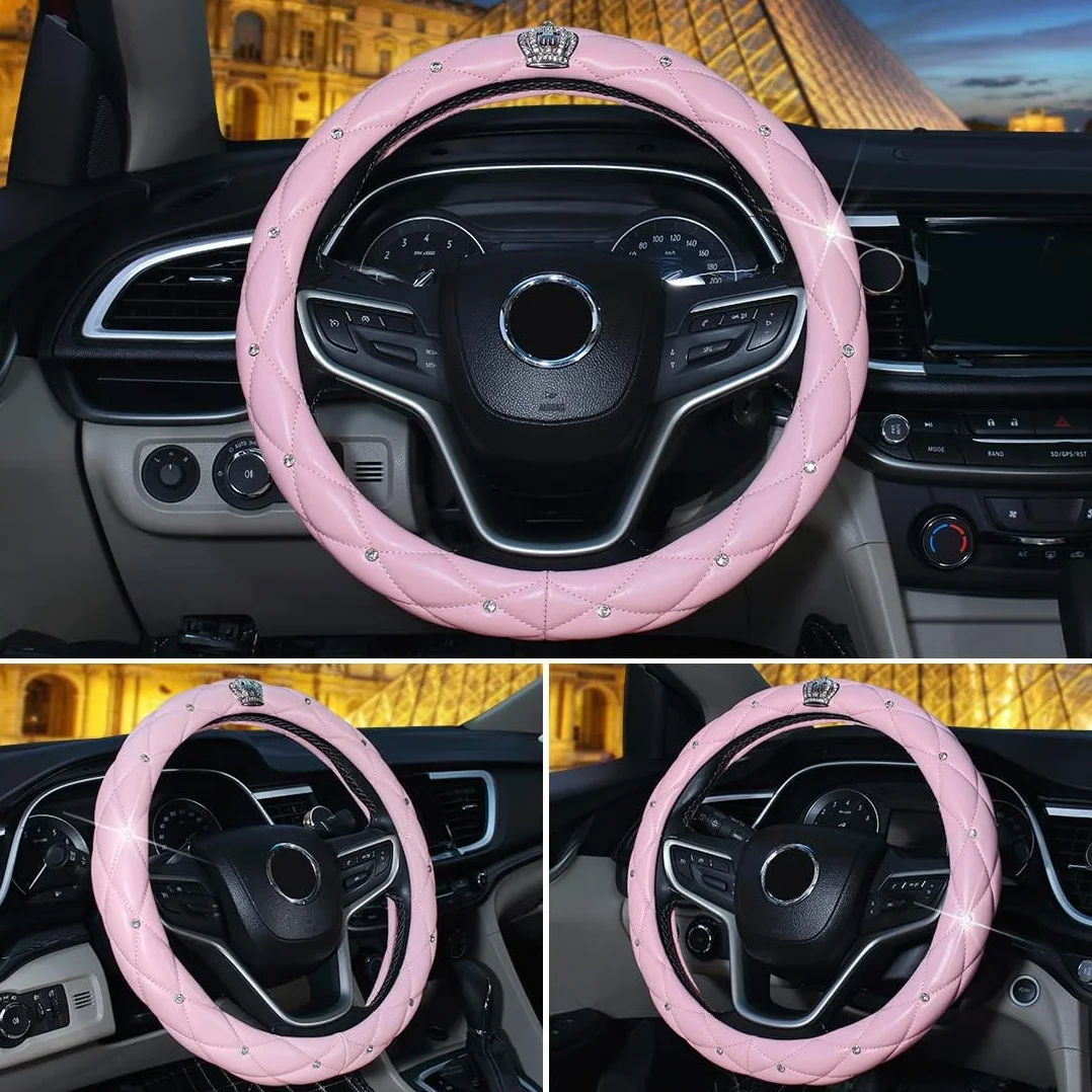 Coprivolante in Pelle Universale 38cm Copri Volante Brillantato Strass Antiscivolo Copristerzo Brillantini Copertura Volante Accessori Auto Interno Donna (Rosa)