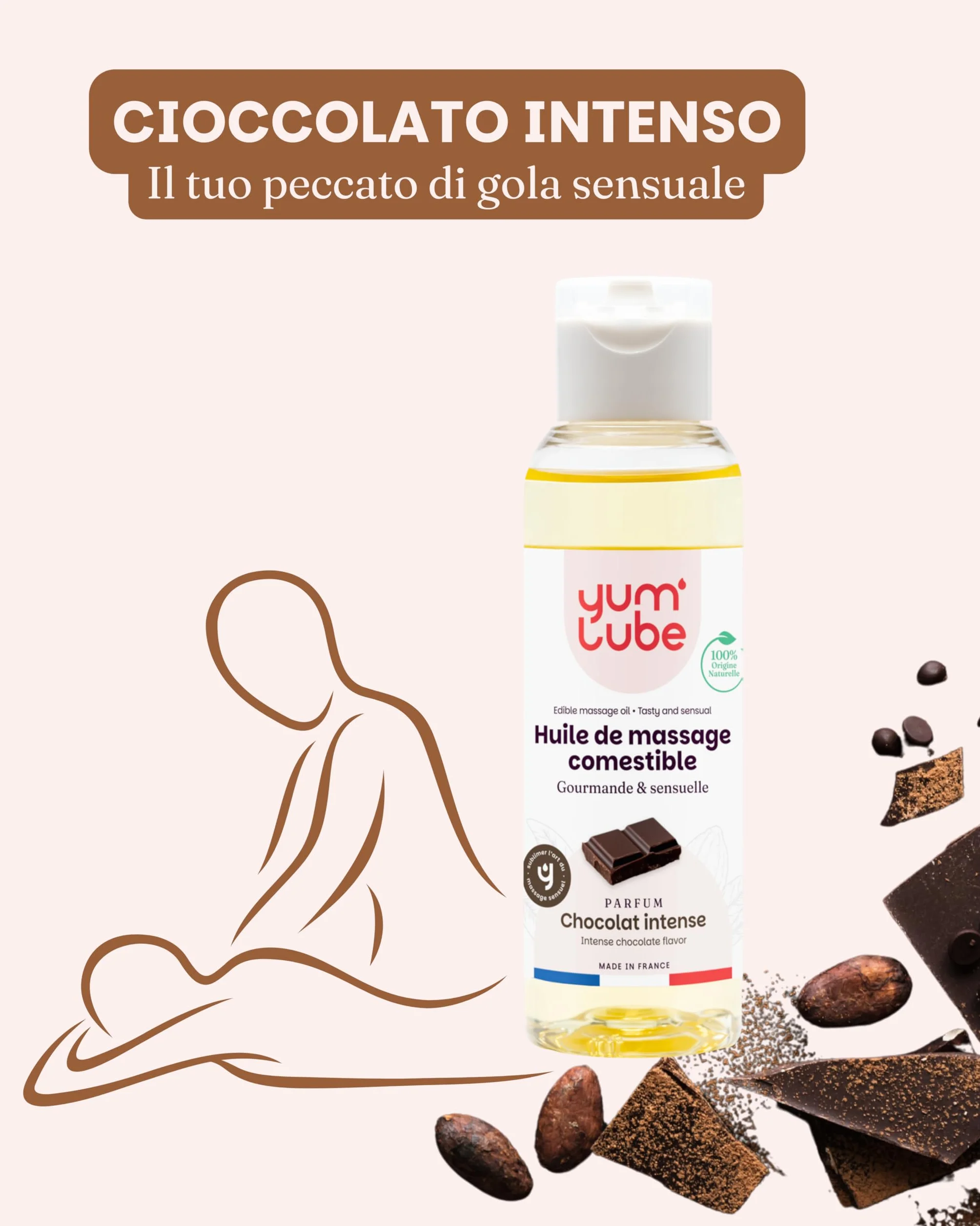 Yum'Lube Olio Massaggio Sensuale E Lubrificante al Cioccolato 100% Naturale Bio Comestibile Made In France