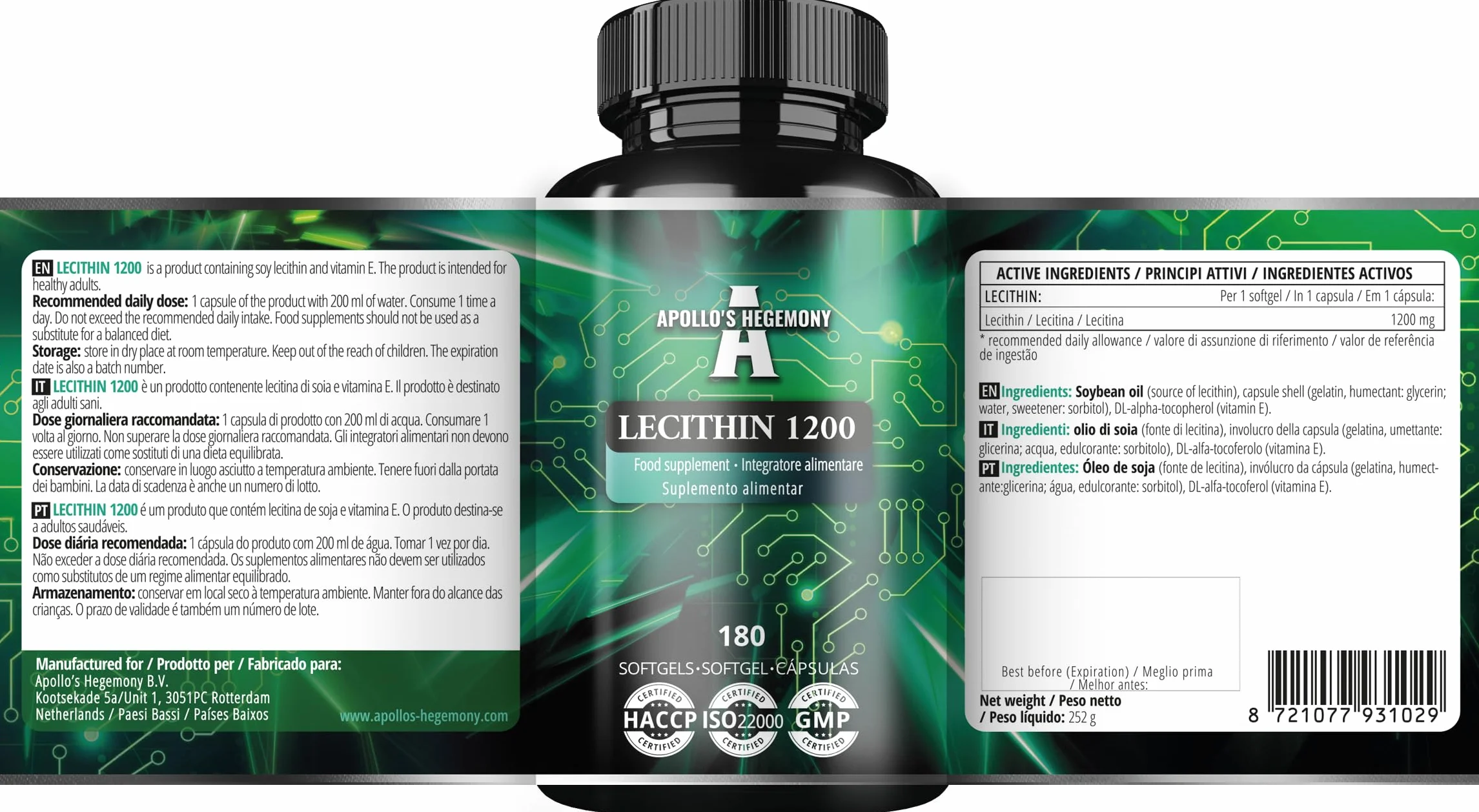 Lecitina 1200mg con Vitamina E 180 Capsule Softgel Integratore di Lecitina di Soia
