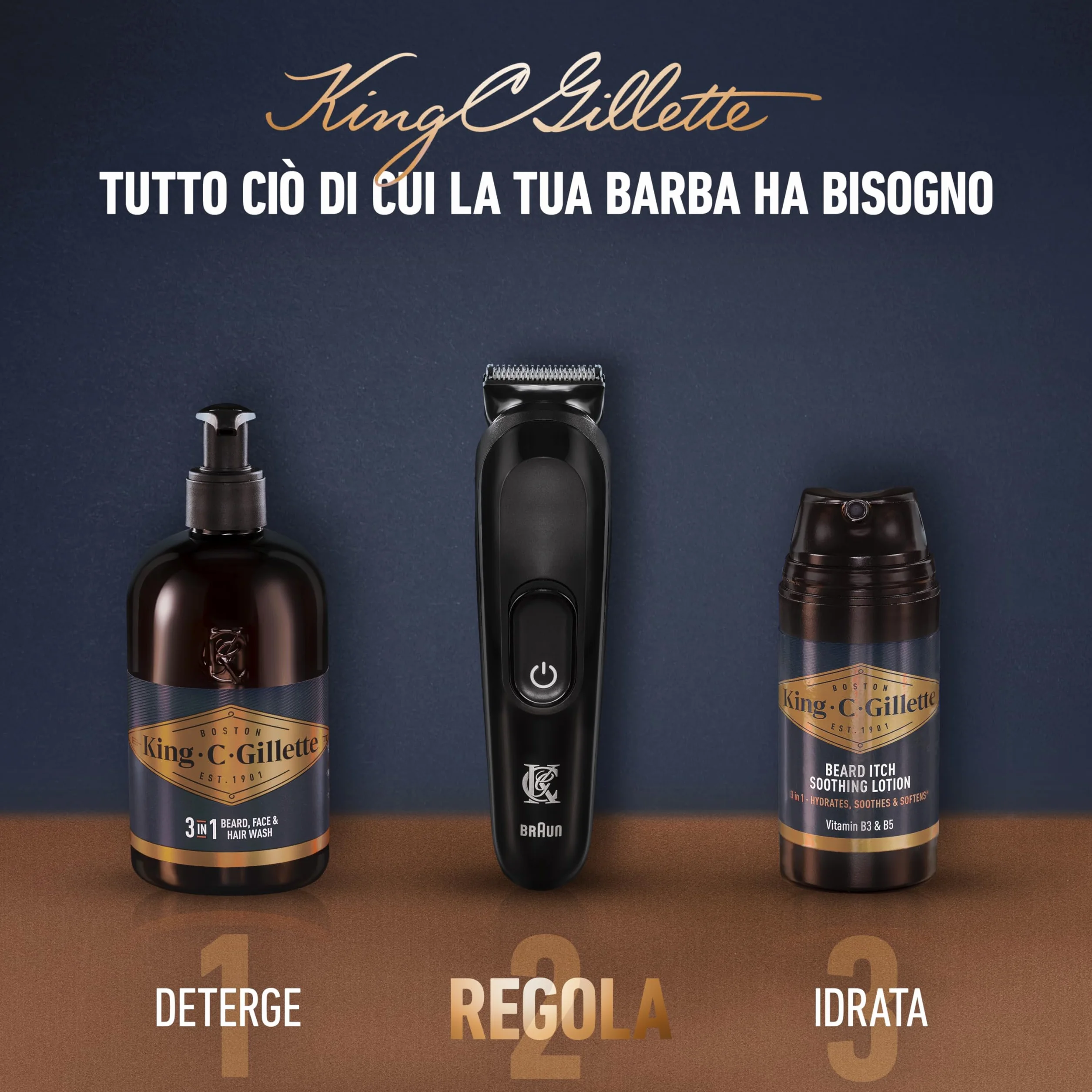King C. Gillette Kit Regolabarba Uomo, Rasoio Barba Elettrico, 1 Testina, 3 Pettini Regolatori, 1 Spazzolina, 1 Caricatore