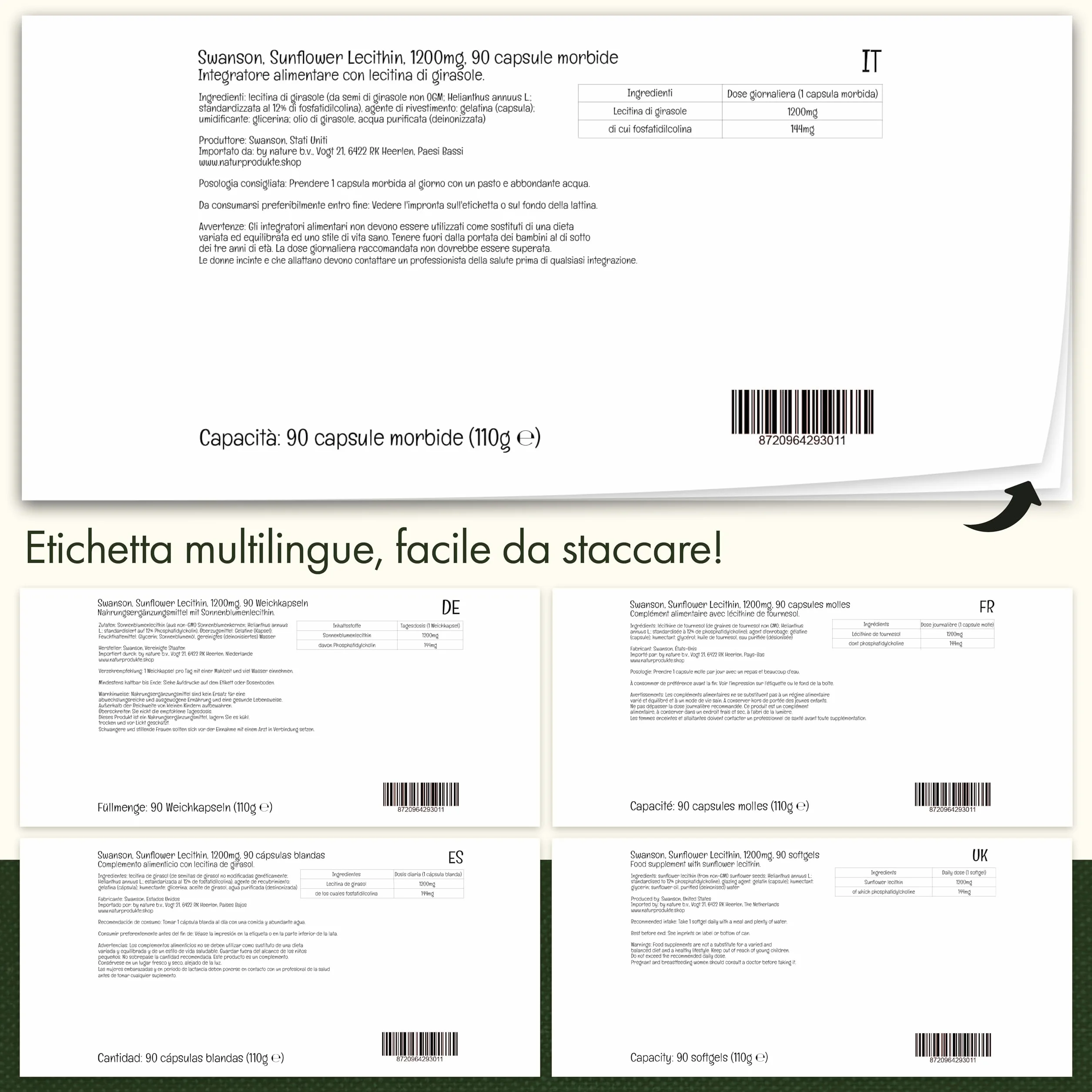 Swanson Sunflower Lecithin 1200 mg 90 Capsule Molli Non OGM