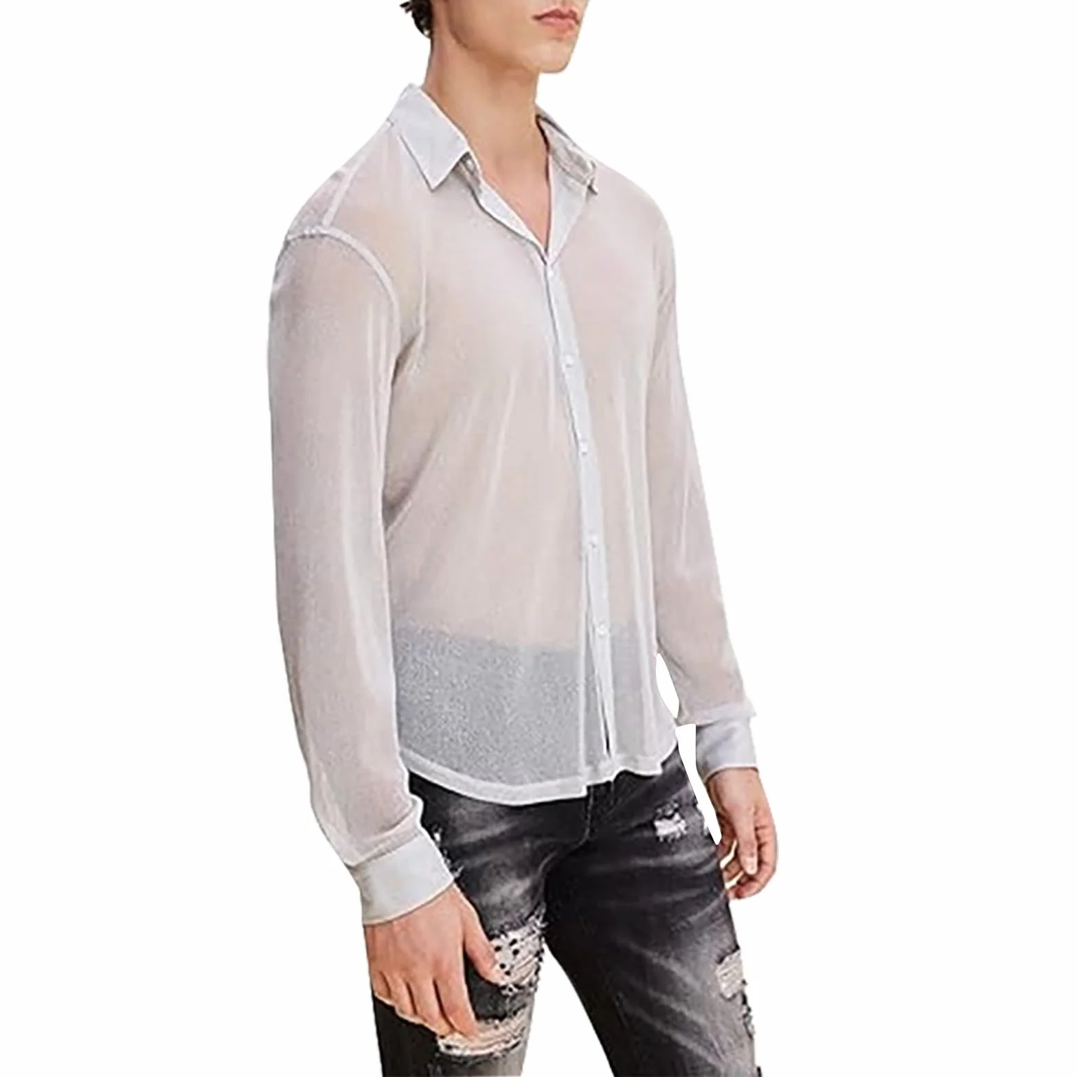 Camicia da uomo a rete trasparente maniche lunghe sexy pizzo sottile