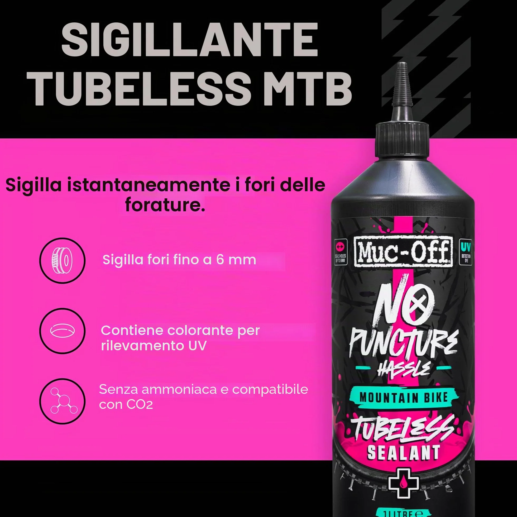 Muc-Off No Puncture Hassle Tubeless Sealant, 1 l - Liquido Tubeless Avanzato con Colorante Tracciante UV - Lattice per Tubeless Sigilla Strappi e Fori Fino a 6 mm