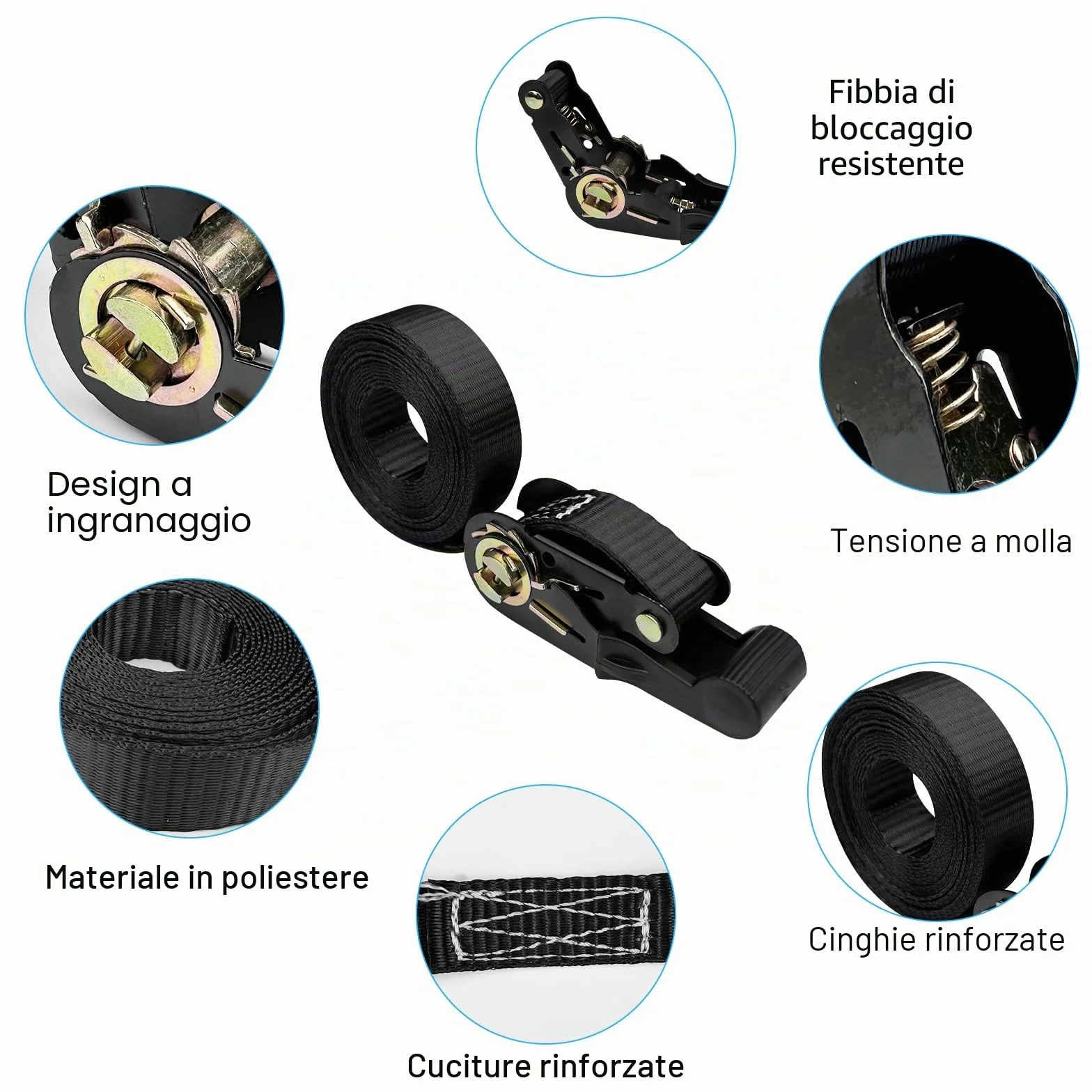 Cinghie a Cricchetto 2.5cm x 4m, Cinghia Fissaggio Moto per Carico, 3 Pezzi