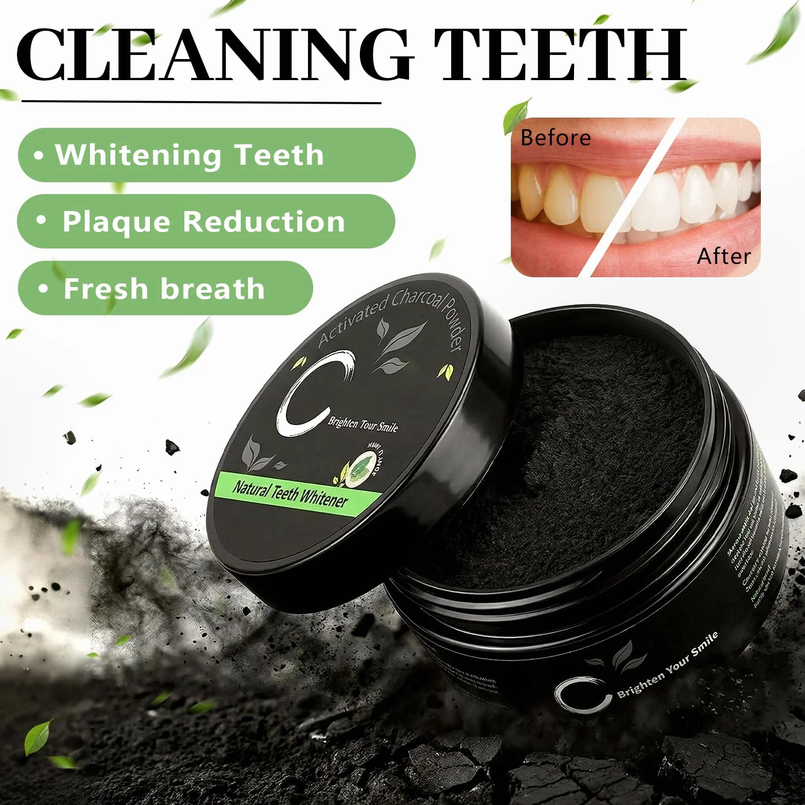 Polvere Sbiancante Per Denti 30g, Sbiancamento Professionale, Rimuove Macchie, Gusto Menta